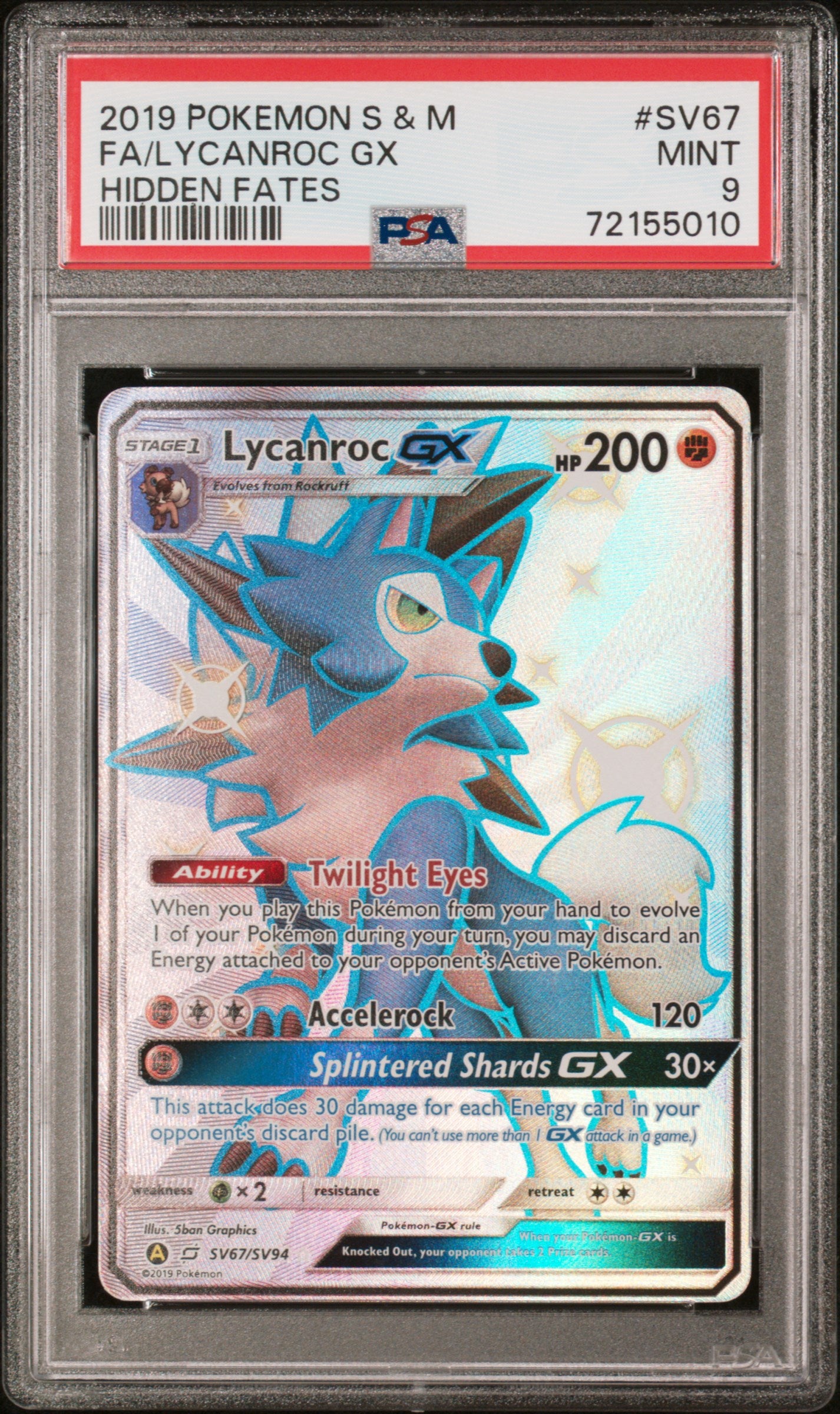 2019 Pokemon Sun & Moon Hidden Fates #SV67 Fa/Lycanroc Gx PSA 9