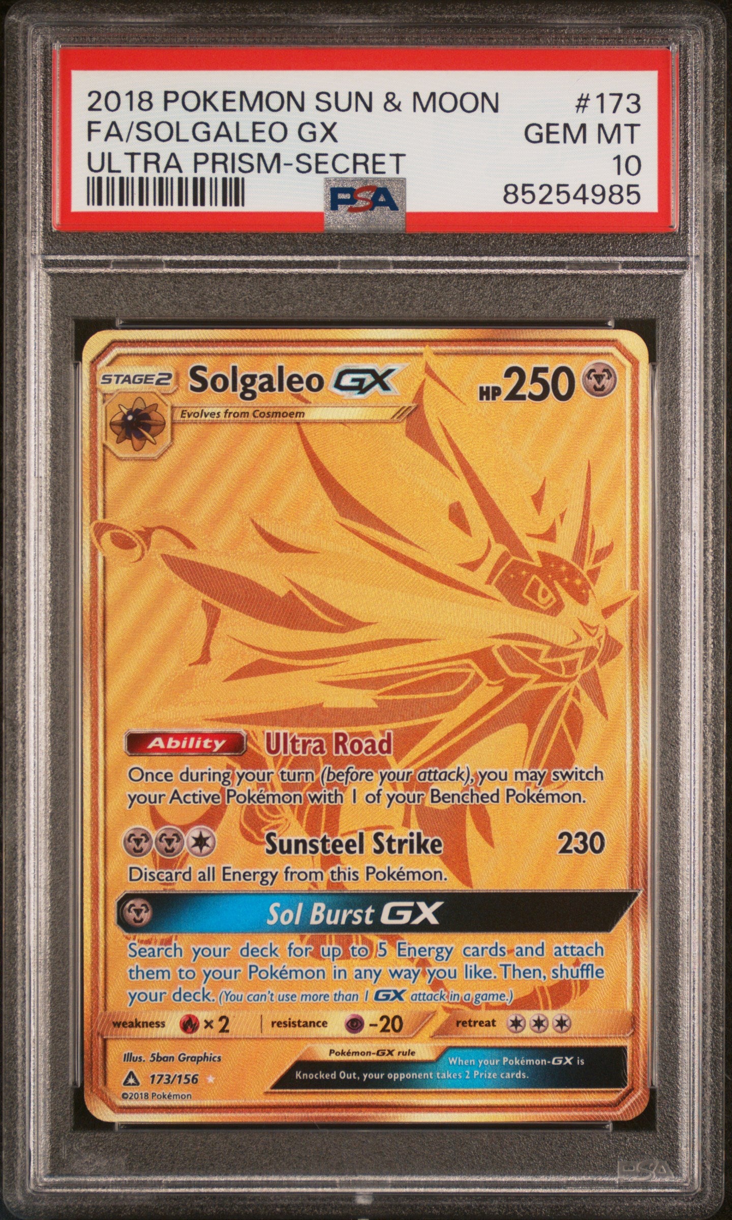 2018 Pokemon Sun & Moon Ultra Prism #173 /Solgaleo Gx Secret PSA 10