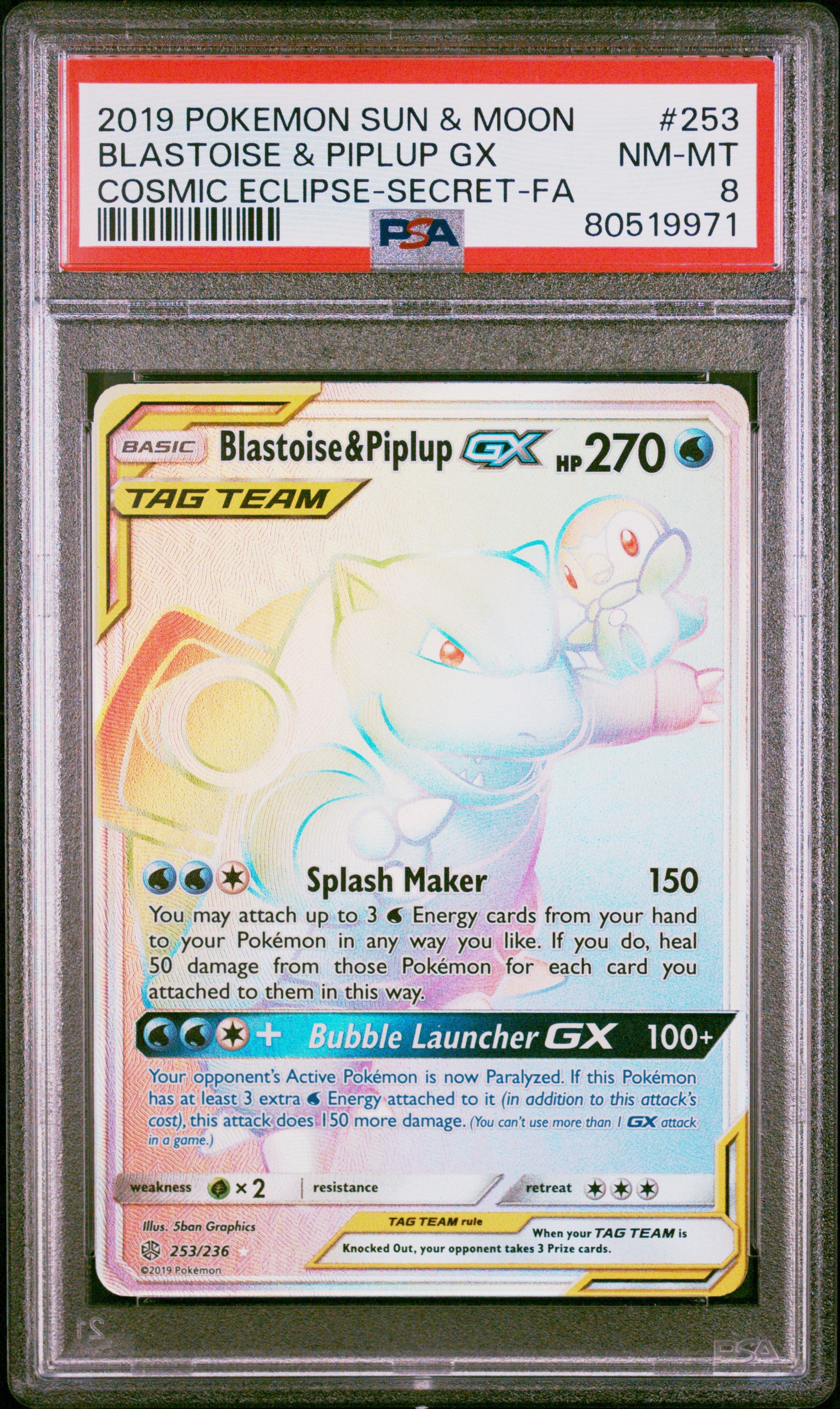 2019 Pokemon Cosmic Eclipse #253 Blastoise & Piplup Gx Secret PSA 8