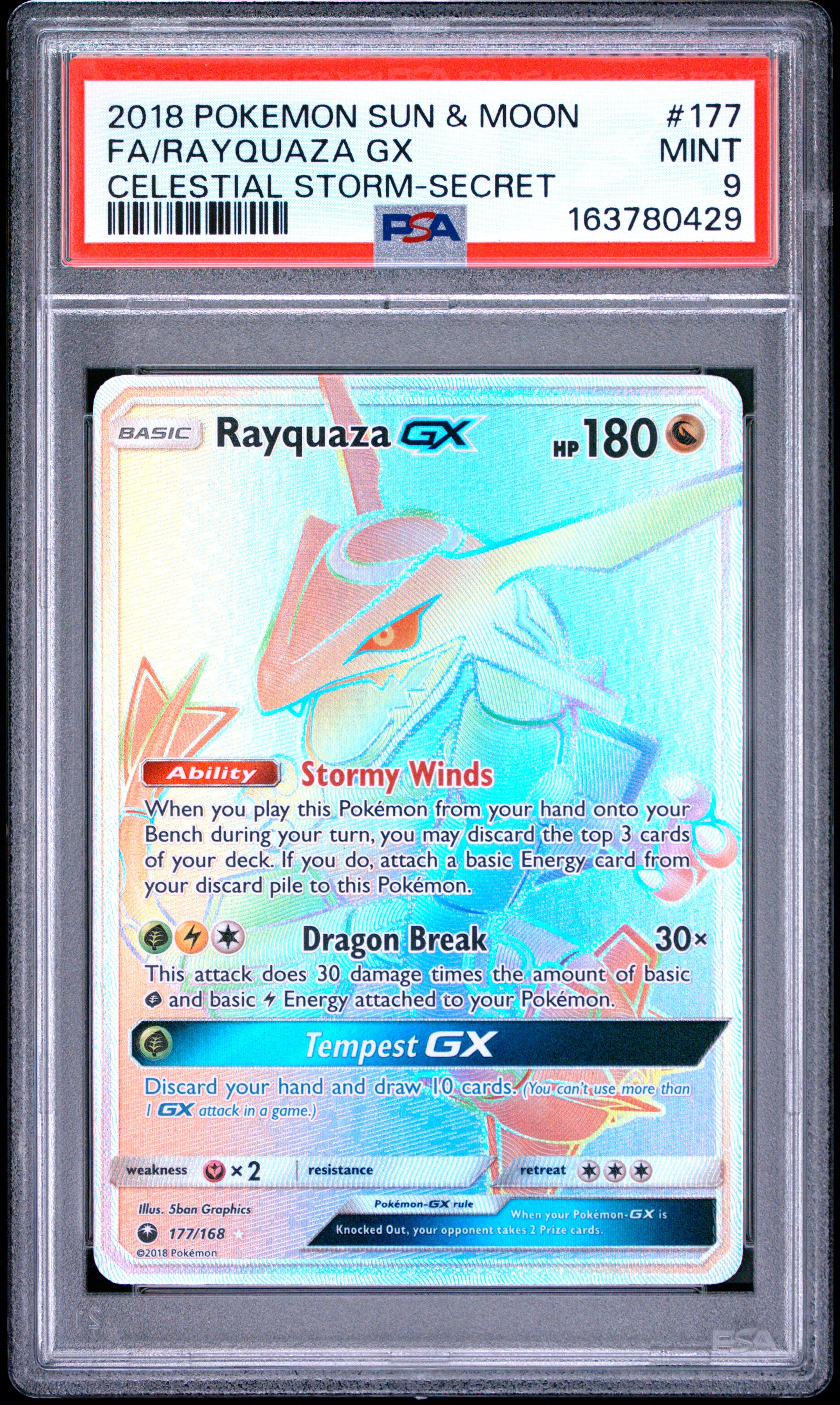 2018 Pokemon Sun & Moon Celestial Storm #177 Fa/Rayquaza Gx Secret PSA 9