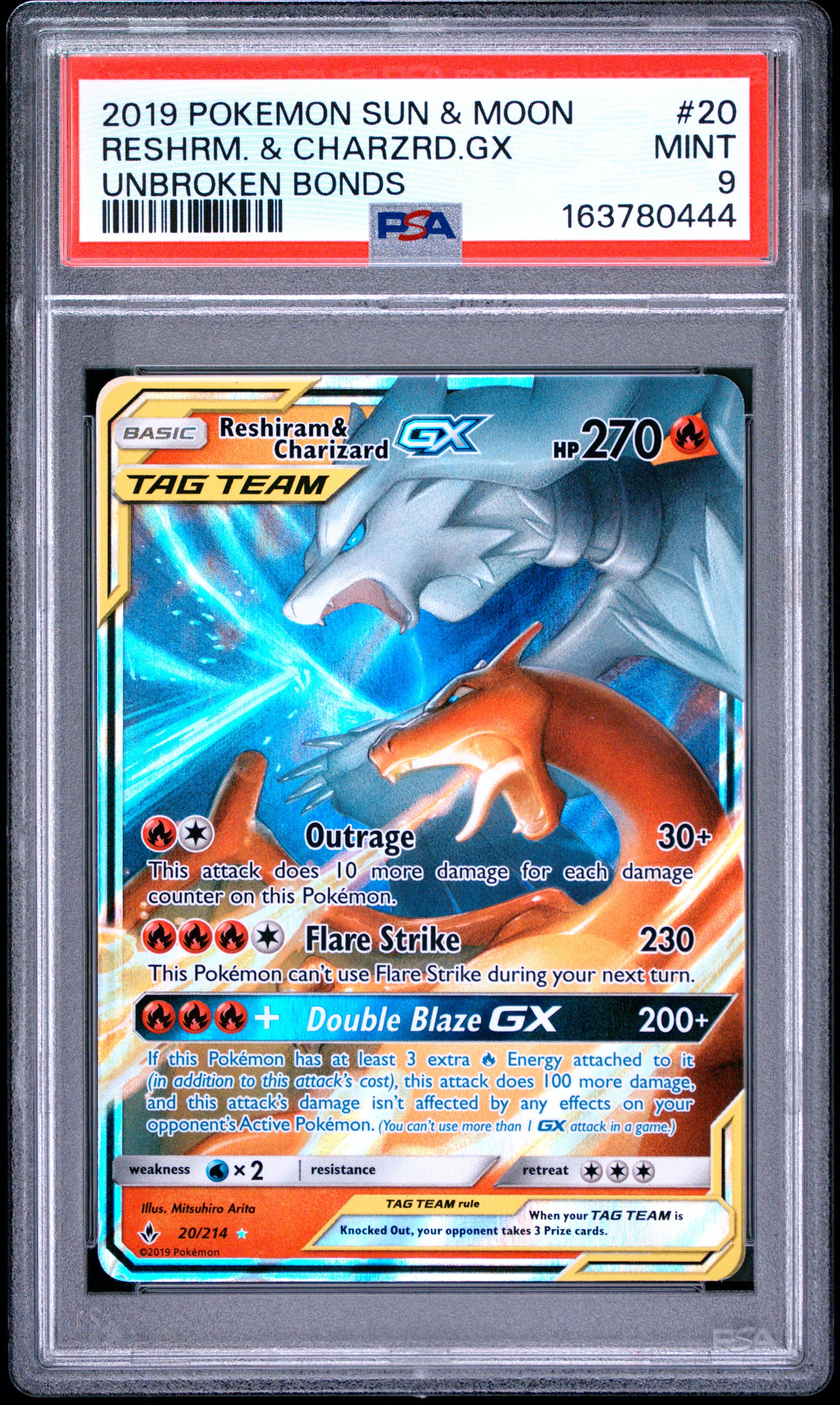 2019 Pokemon Sun & Moon Unbroken Bonds #20 Reshrm. & Charzrd.Gx PSA 9