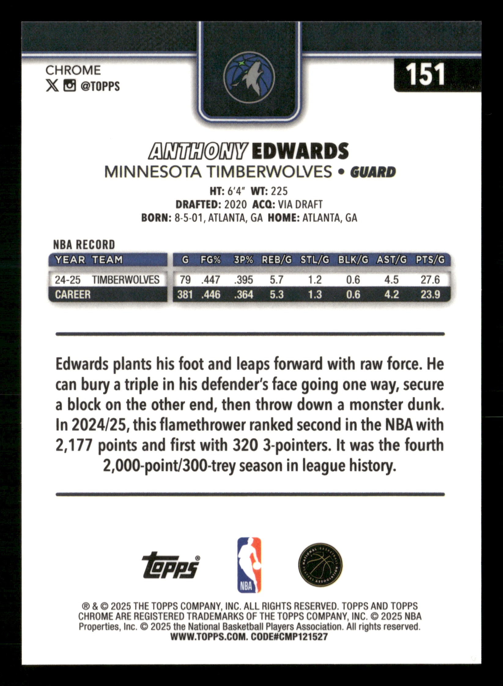 2025-26 Topps Chrome #151 Anthony Edwards Blue X-Fractor