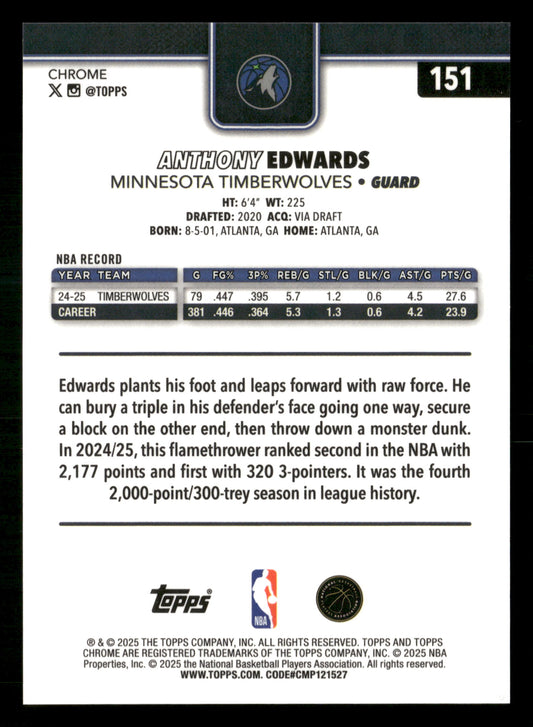 2025-26 Topps Chrome #151 Anthony Edwards Blue X-Fractor