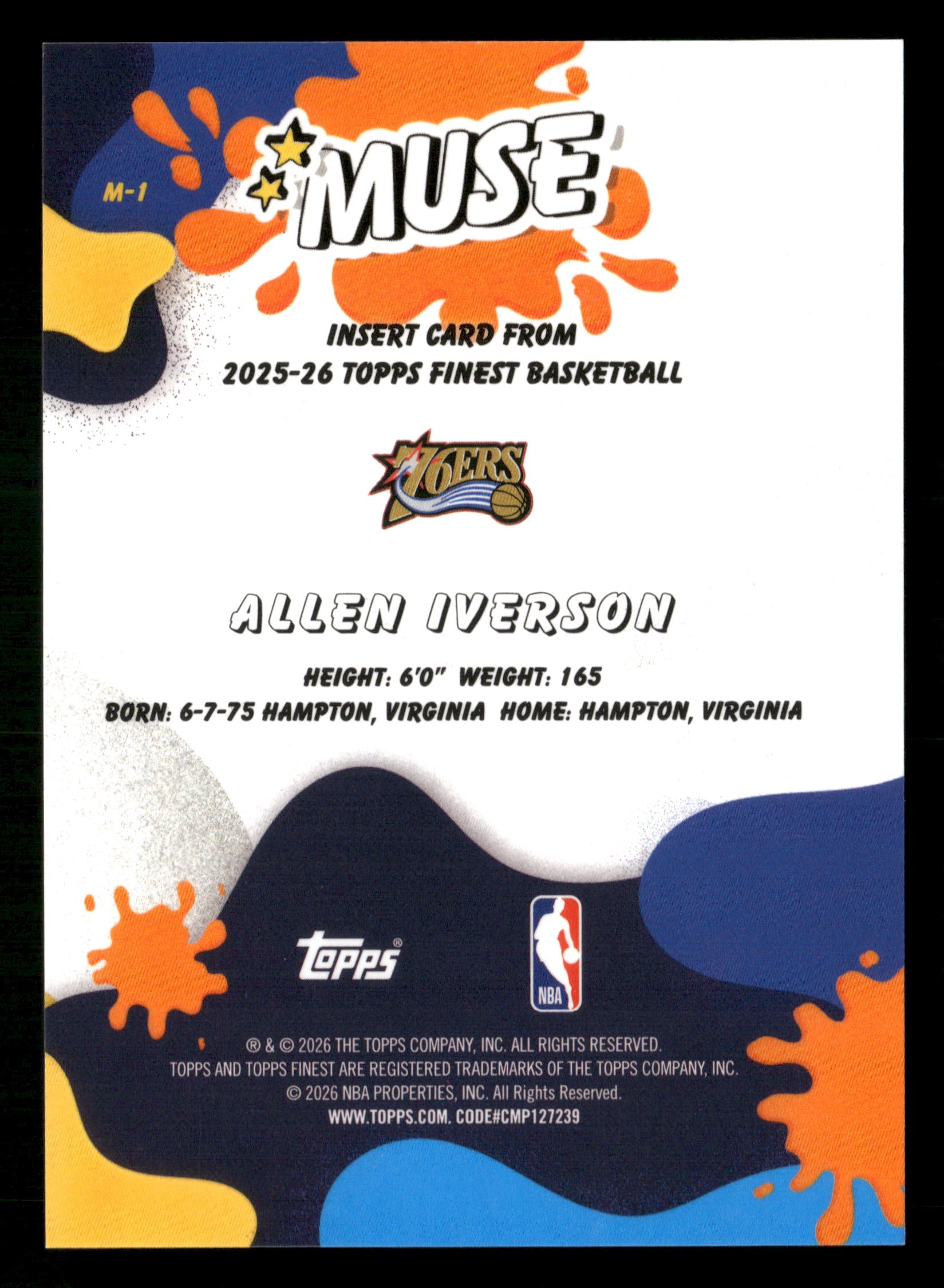 2025-26 Finest #M-1 Allen Iverson Muse Blue Geometric Refractor #/75