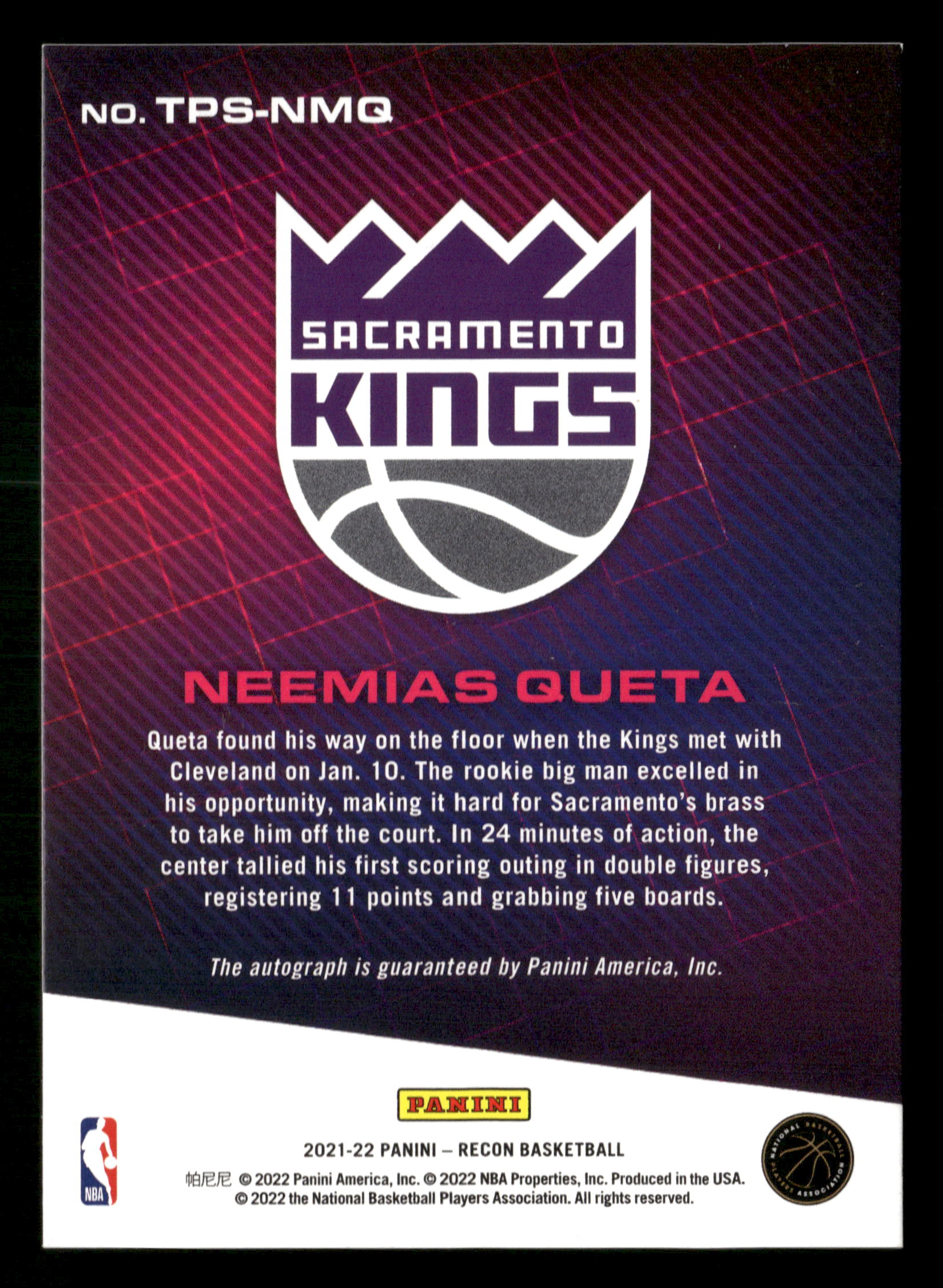 2021-22 Panini Recon #TPS-NMQ Neemias Queta True Potential Signatures