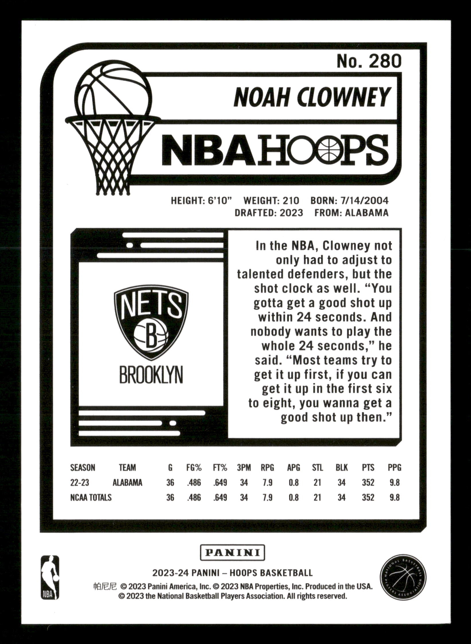 2023-24 Hoops #280 Noah Clowney Artist Proof #/25
