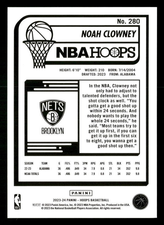 2023-24 Hoops #280 Noah Clowney Artist Proof #/25