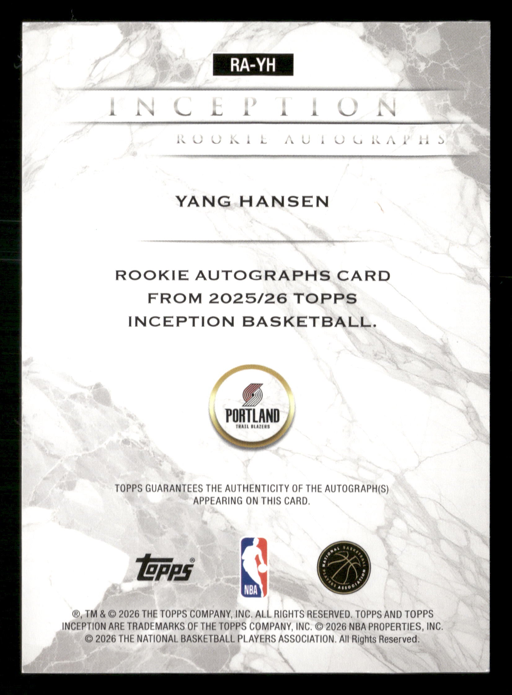 2025-26 Topps Inception #RA-YH Yang Hansen Rookie Autographs #/99