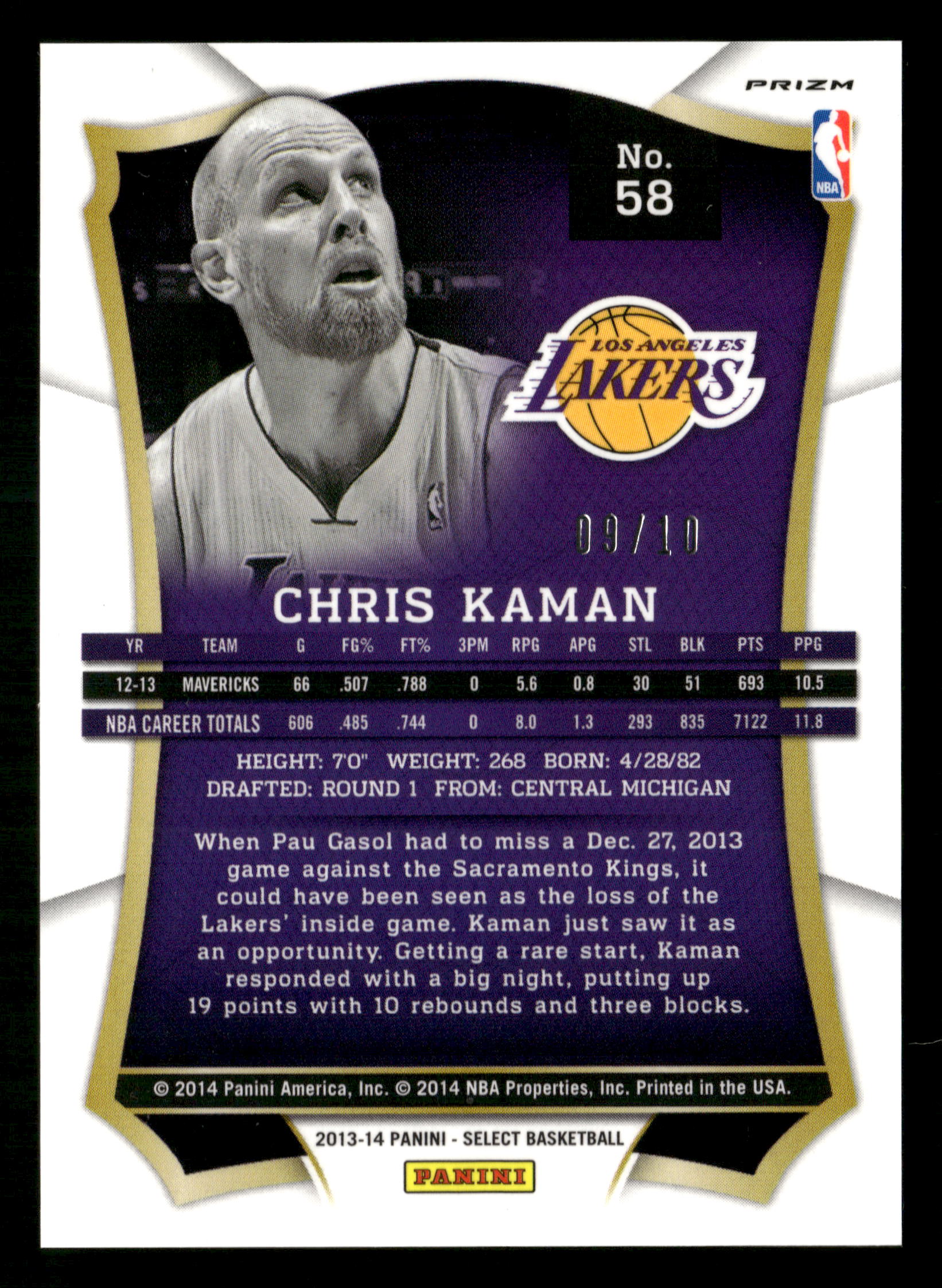 2013-14 Panini Select #58 Chris Kaman Prizms Gold #/10