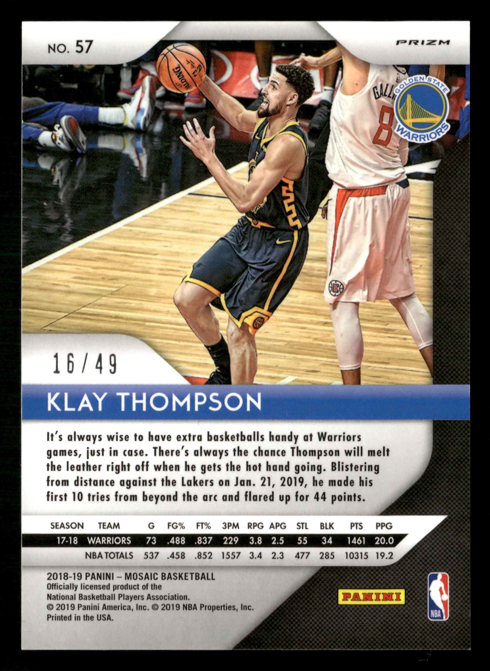 2018-19 Panini Mosaic Prizm #57 Klay Thompson Purple #/49