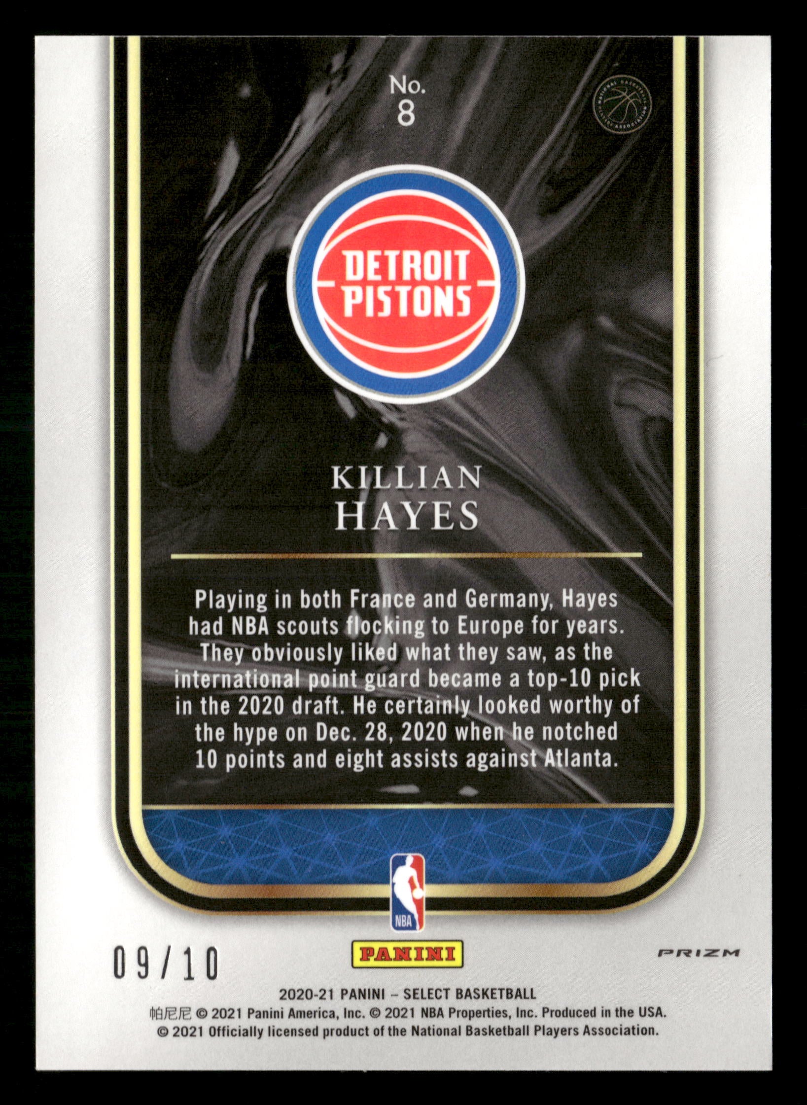 2020-21 Panini Select #8 Killian Hayes Rookie Selections Gold #/10