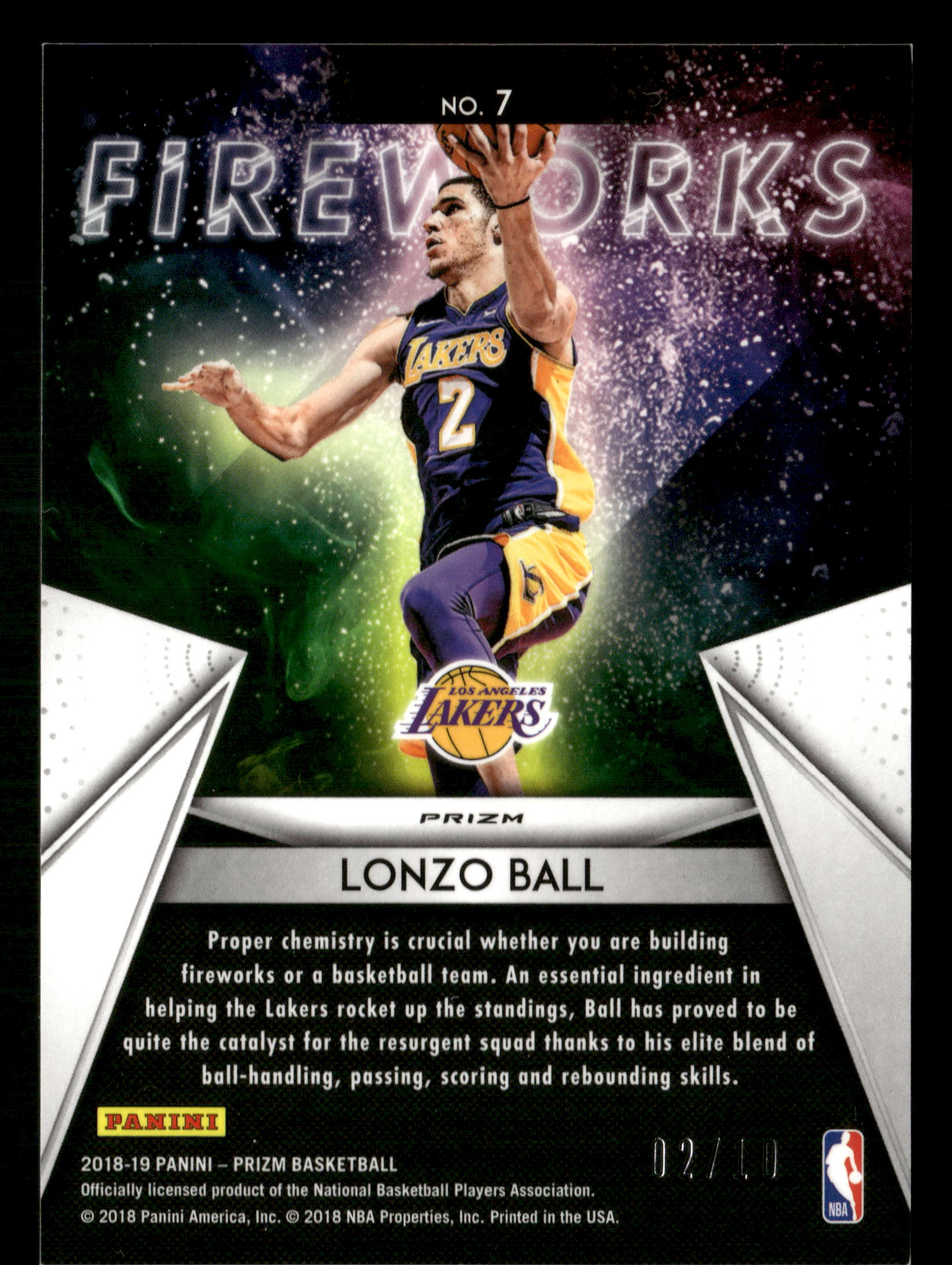 2018-19 Panini Prizm #7 Lonzo Ball Fireworks Fast Gold #/10