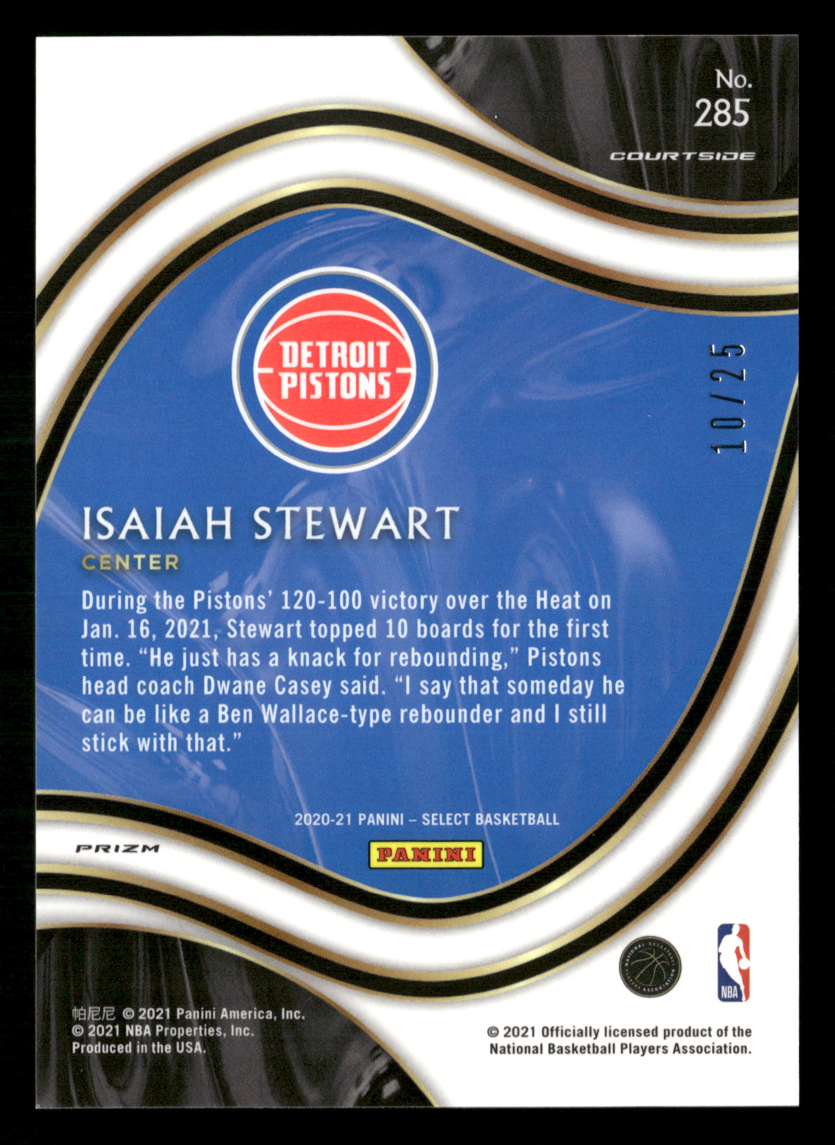 2020-21 Panini Select #285 Isaiah Stewart Tie-Dye Prizms RC #/25