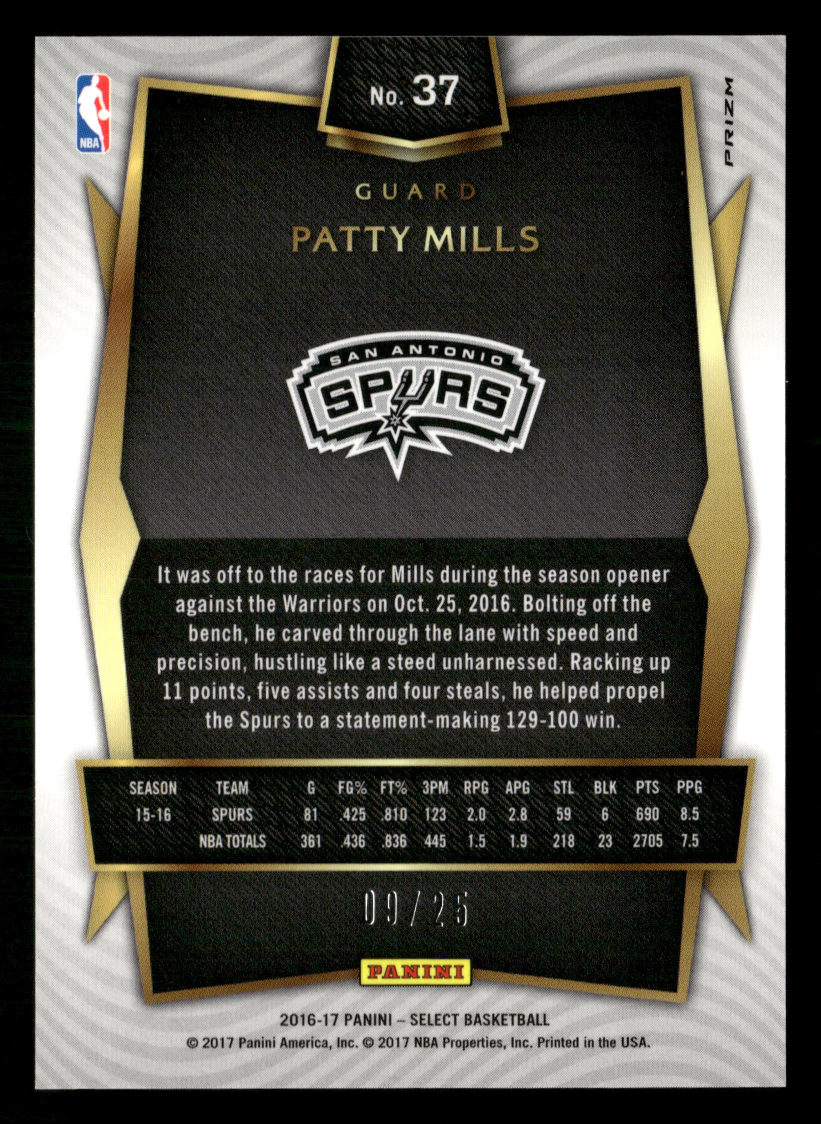 2016-17 Panini Select #37 Patty Mills Tie-Dye Prizms #/25