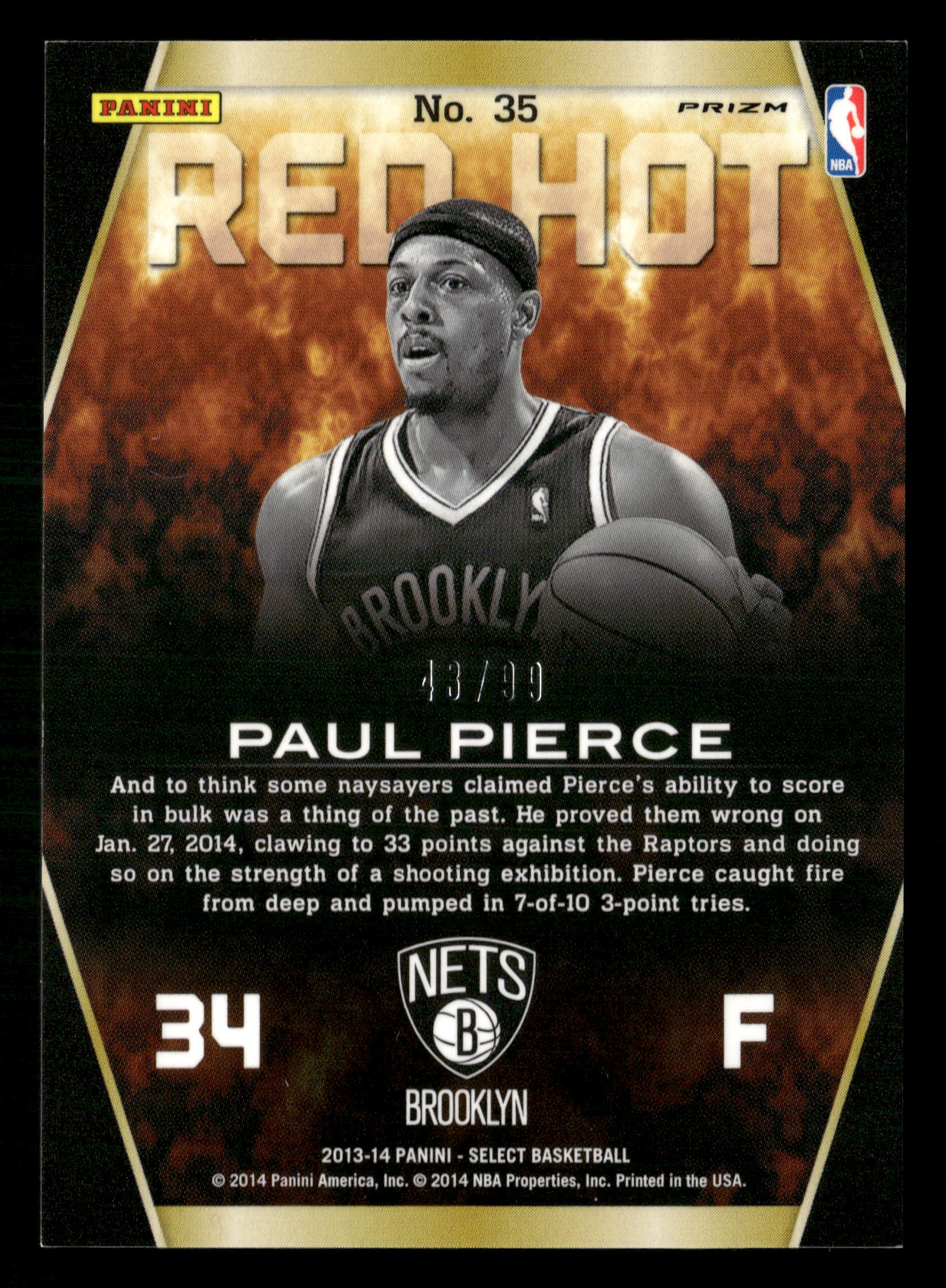 2013-14 Panini Select #35 Paul Pierce Red Hot Prizms Purple #/99