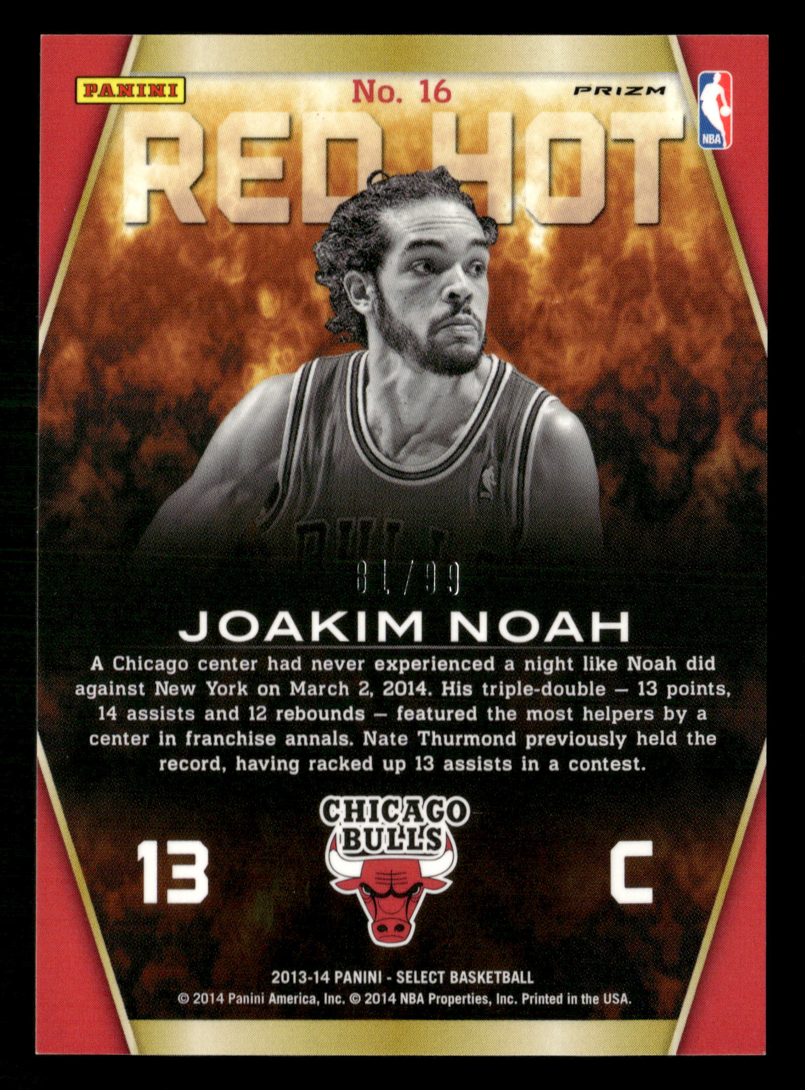 2013-14 Panini Select #16 Joakim Noah Red Hot Prizms Purple #/99