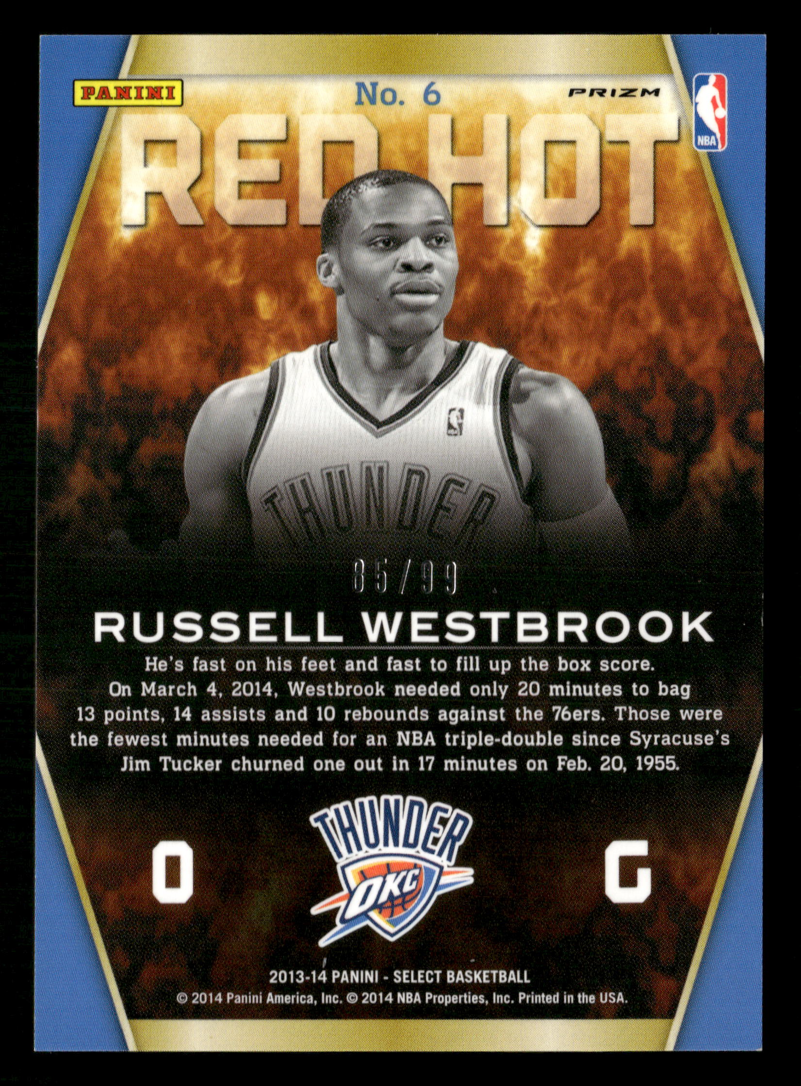 2013-14 Panini Select #6 Russell Westbrook Red Hot Prizms Purple #/99