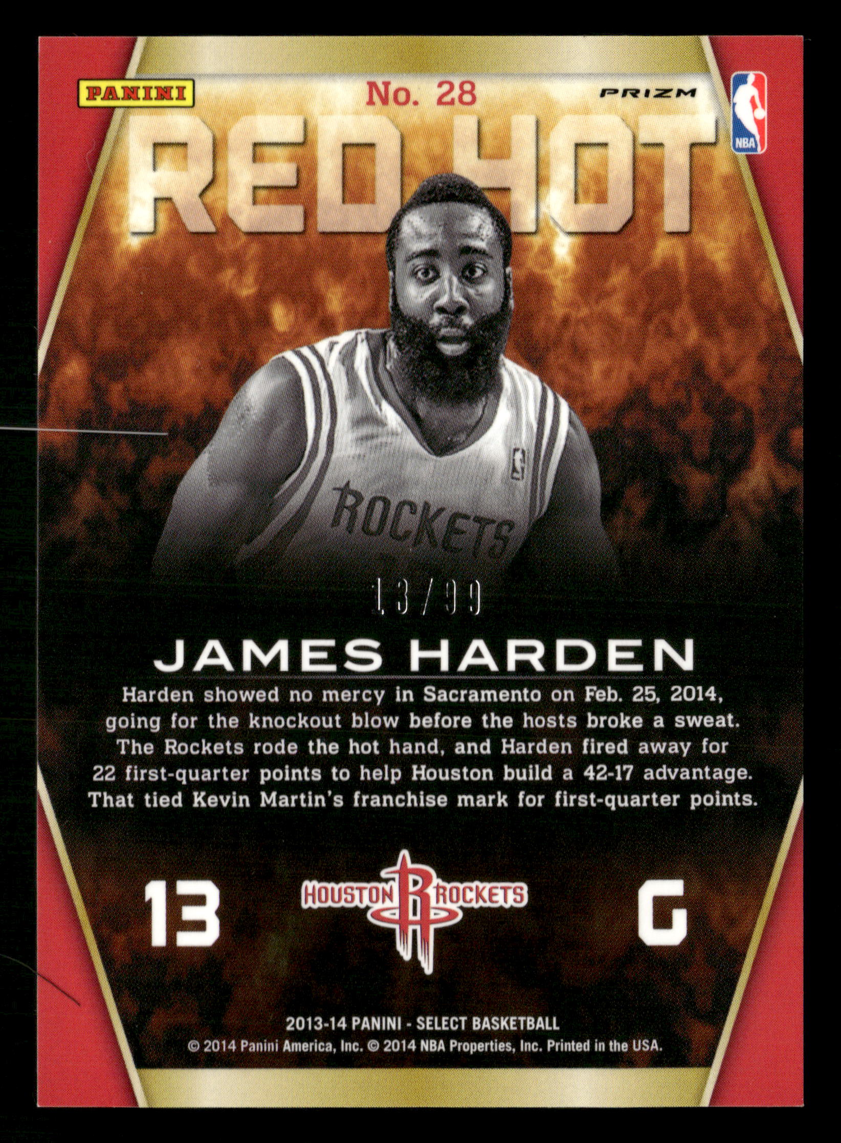 2013-14 Panini Select #28 James Harden Red Hot Prizms Purple #/99