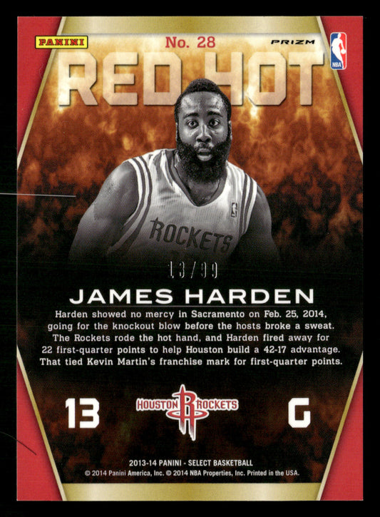 2013-14 Panini Select #28 James Harden Red Hot Prizms Purple #/99