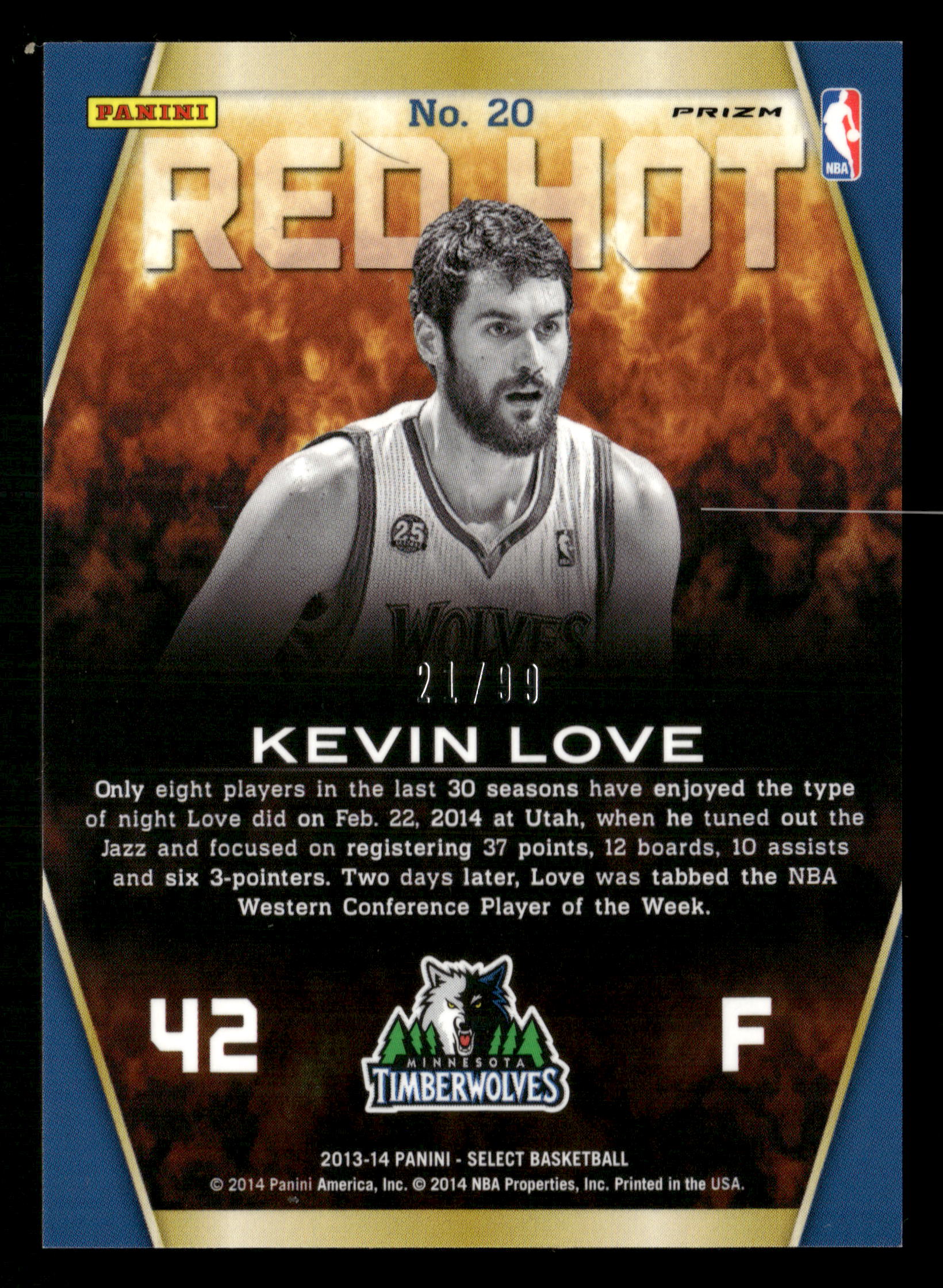 2013-14 Panini Select #20 Kevin Love Red Hot Prizms Purple #/99