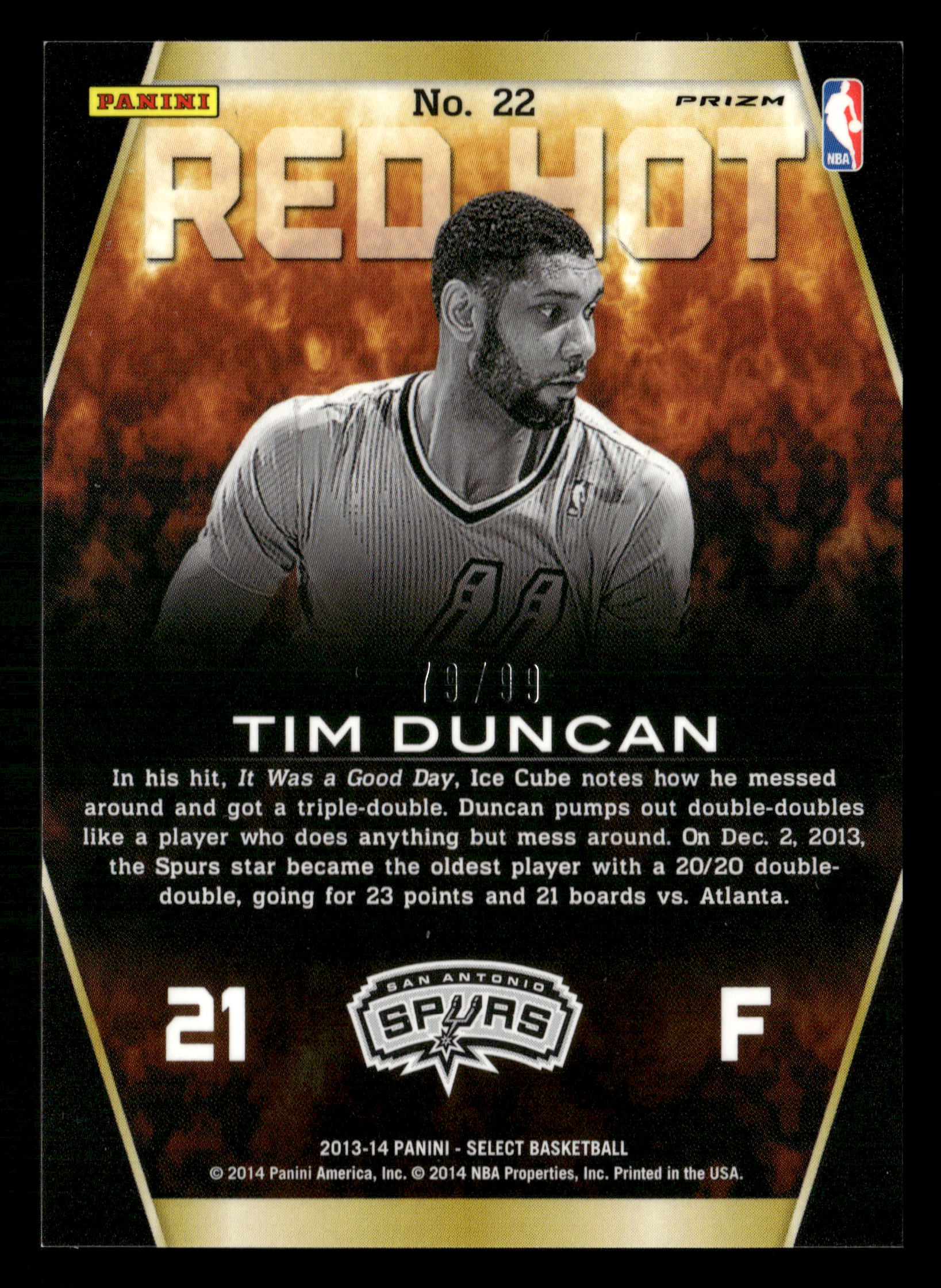 2013-14 Panini Select #22 Tim Duncan Red Hot Prizms Purple #/99