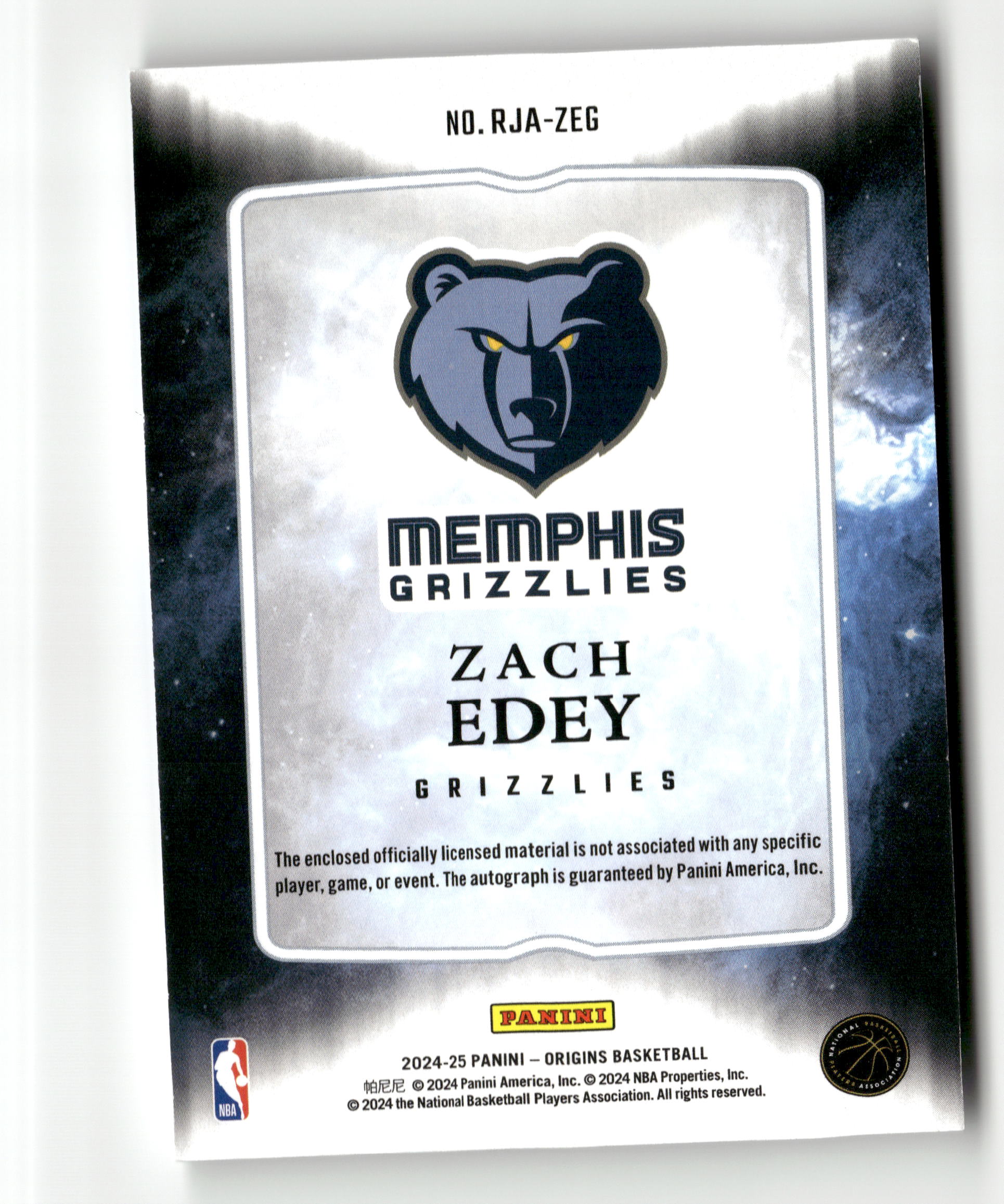 2024-25 Panini Origins #RJA-ZEG Zach Edey Rookie Jersey Autographs