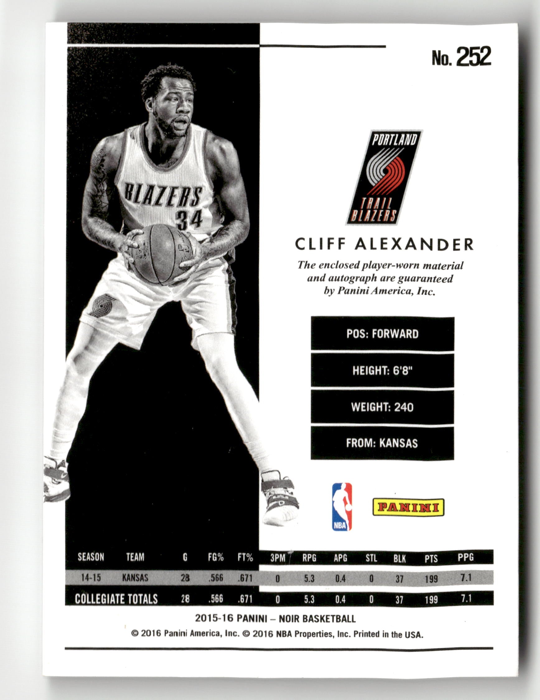 2015-16 Panini Noir #252 Cliff Alexander Patch Auto #/99