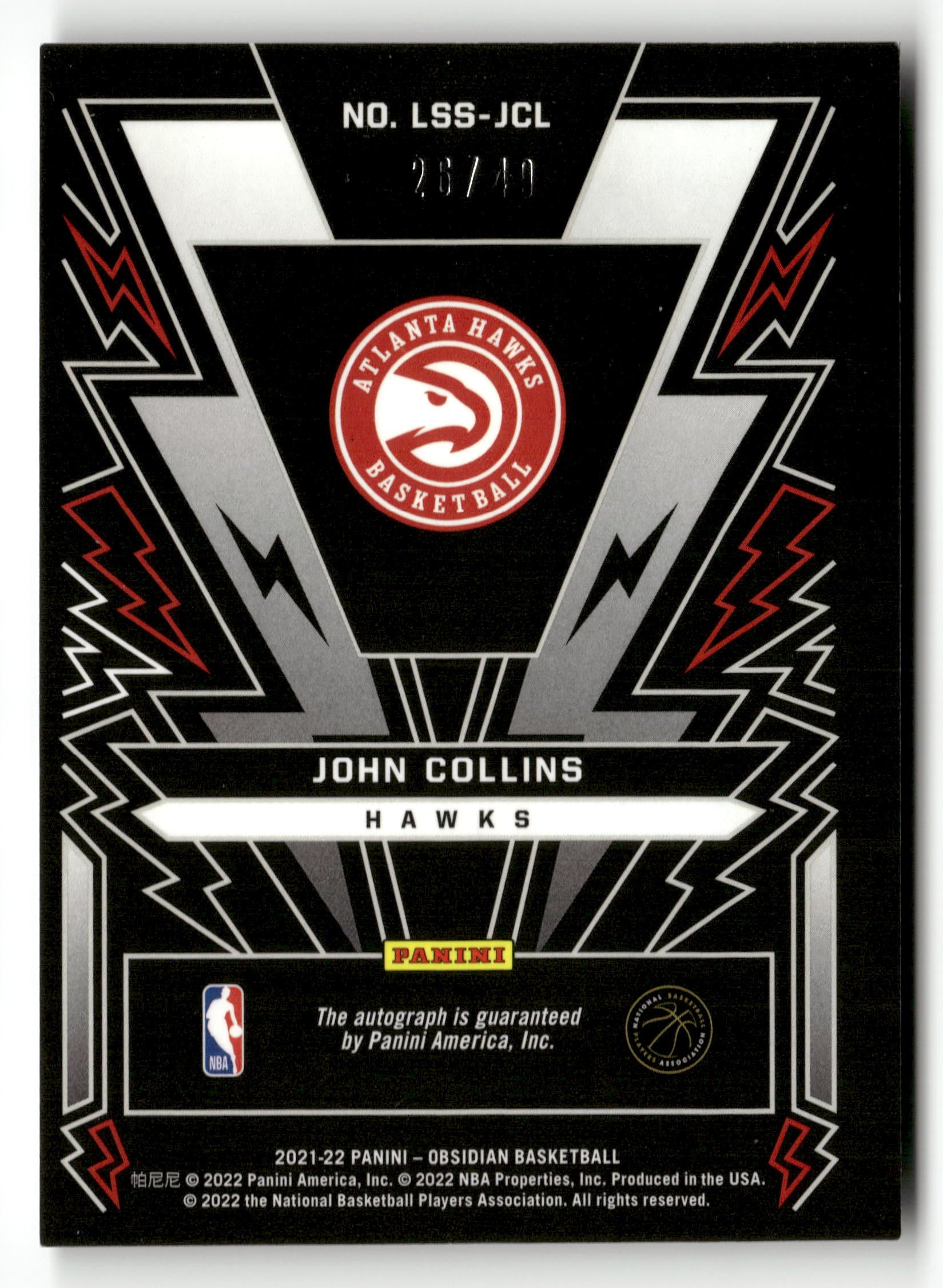 2021-22 Obsidian John Collins Lightning Strike Signatures EE Purple #/49