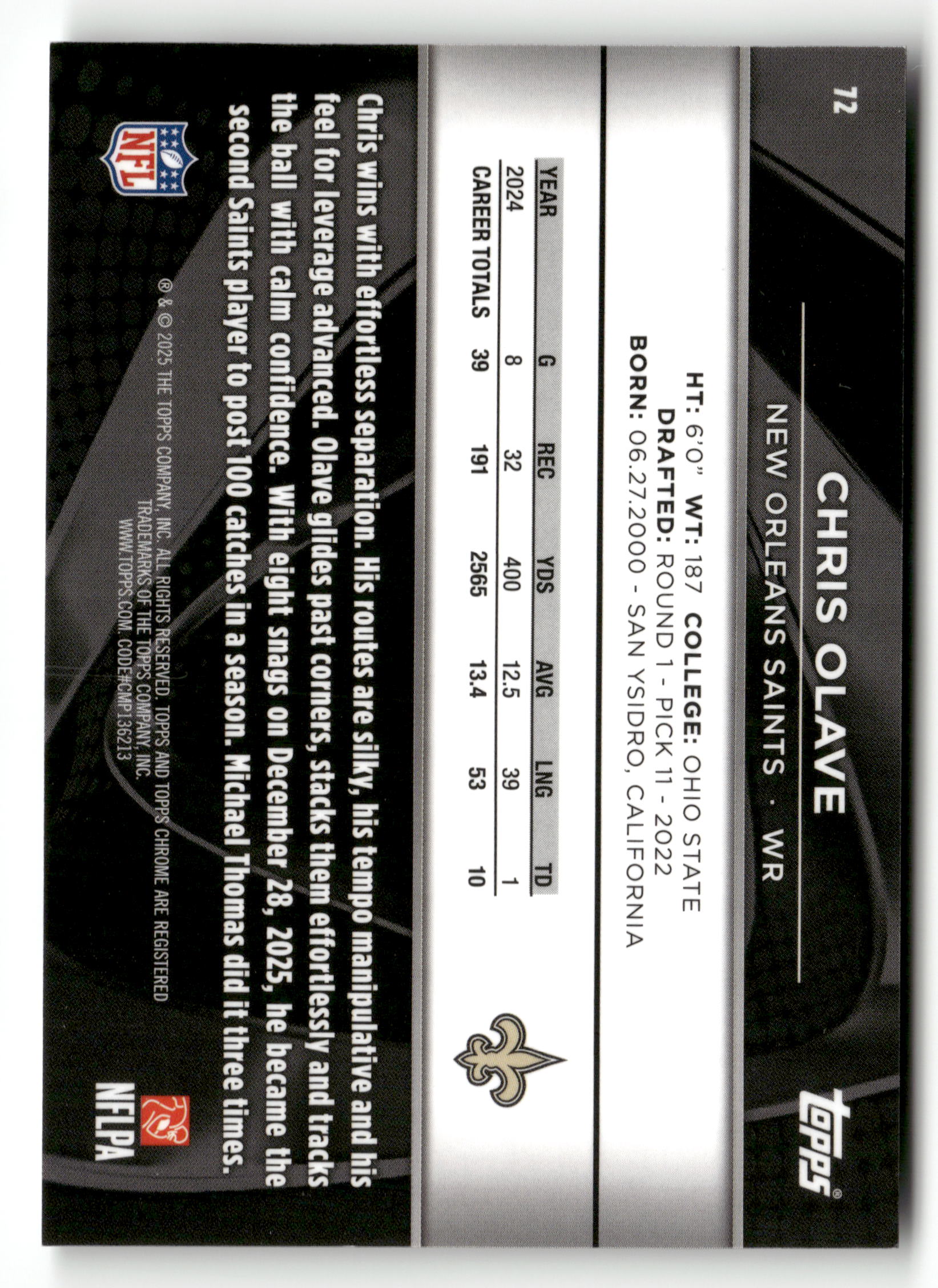 2025 Topps NFL Chrome Black #72 Chris Olave /10 Black Refractor