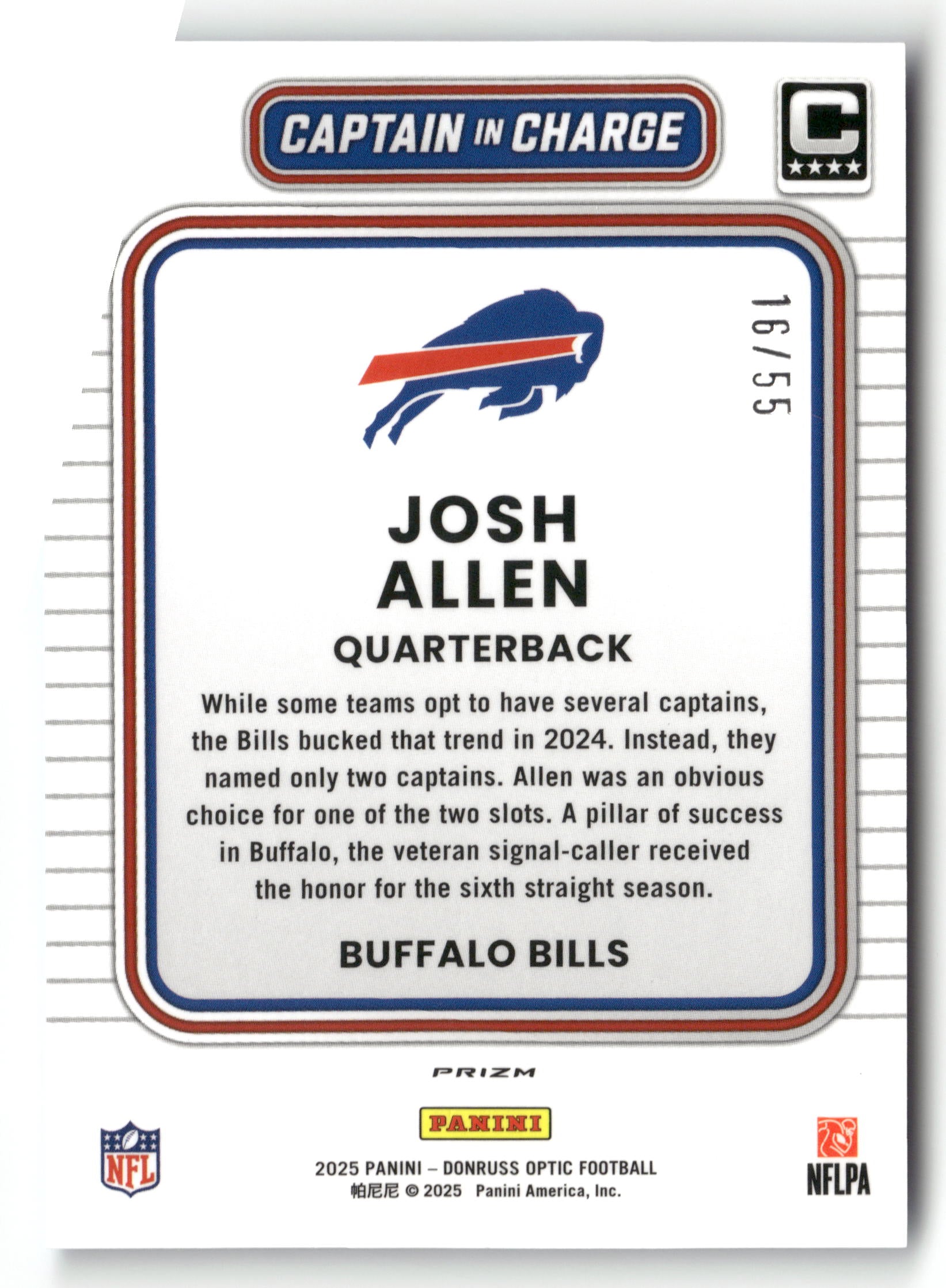 2025 Donruss Optic #3 Josh Allen Captain in Charge /55 Blue Cracked Ice