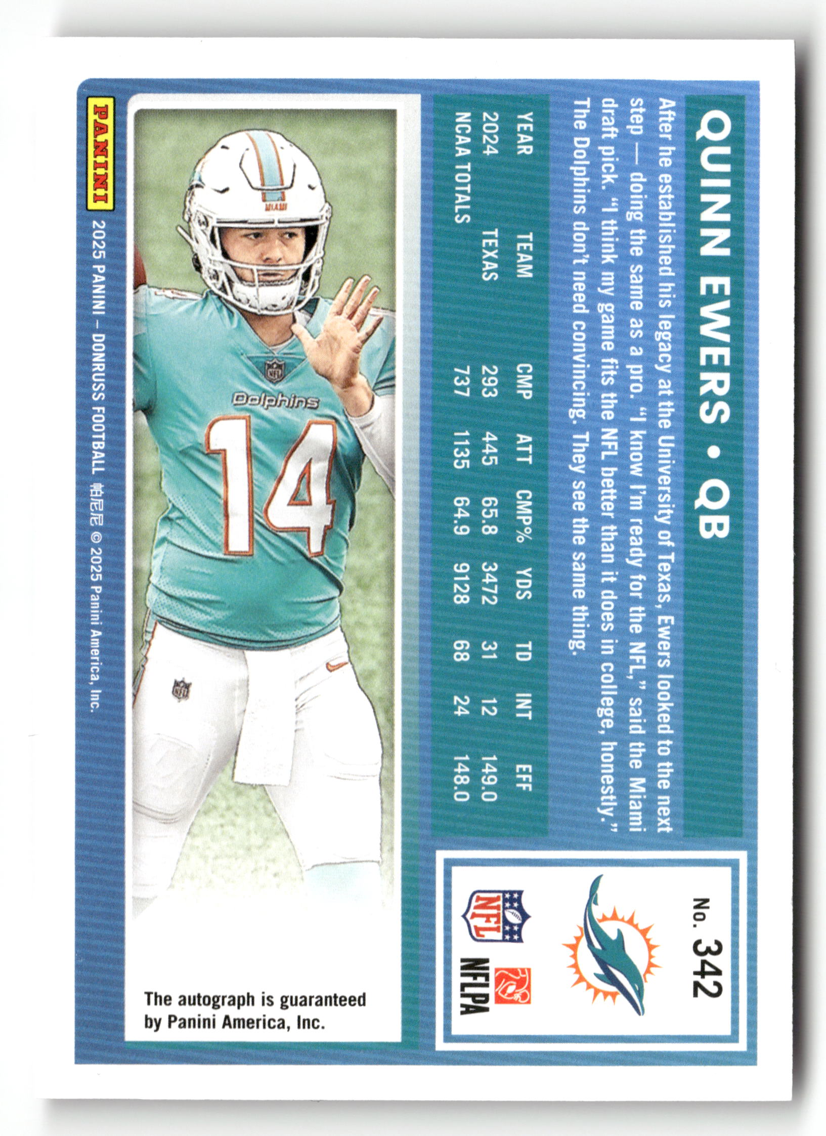 2025 Donruss #342 Quinn Ewers Press Proofs Blue