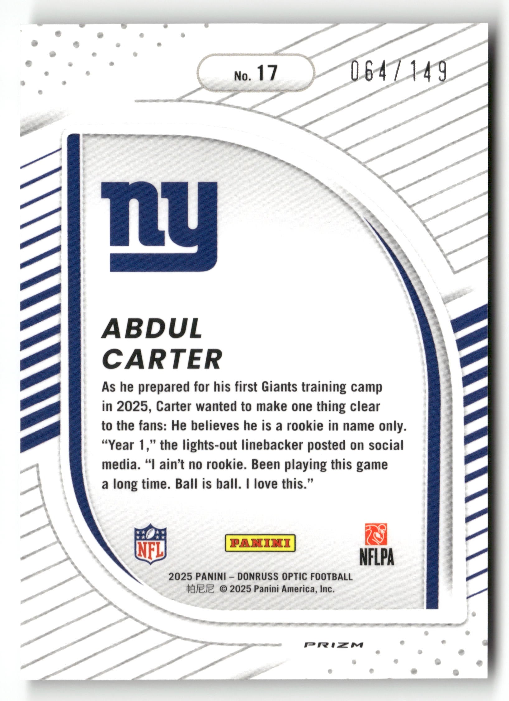 2025 Donruss Optic #17 Abdul Carter Hidden Potential Black Pandora #/149