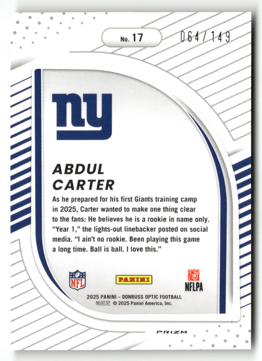 2025 Donruss Optic #17 Abdul Carter Hidden Potential Black Pandora #/149