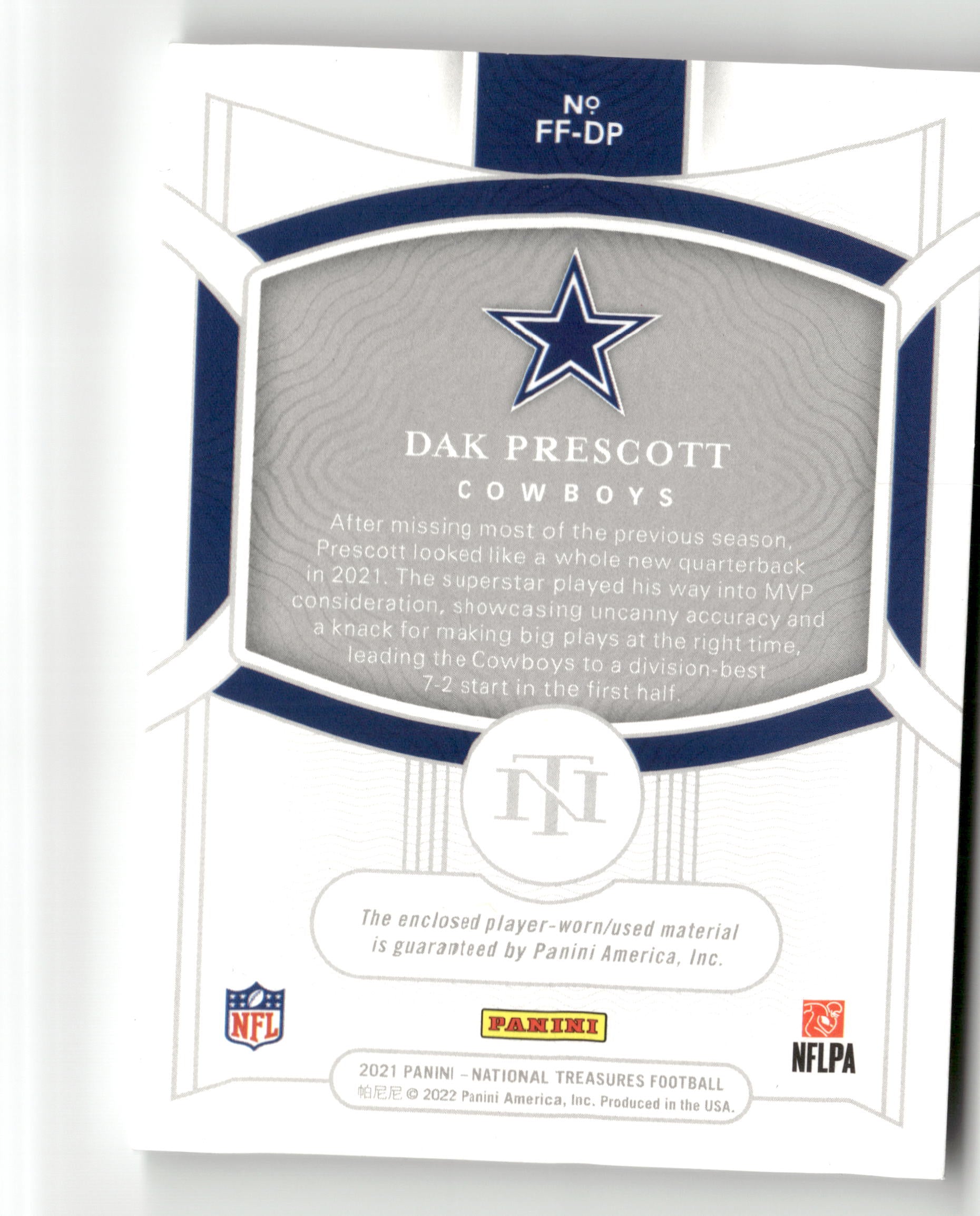 2021 Panini National Treasures #FF-DP Dak Prescott Framed Fabric #/99