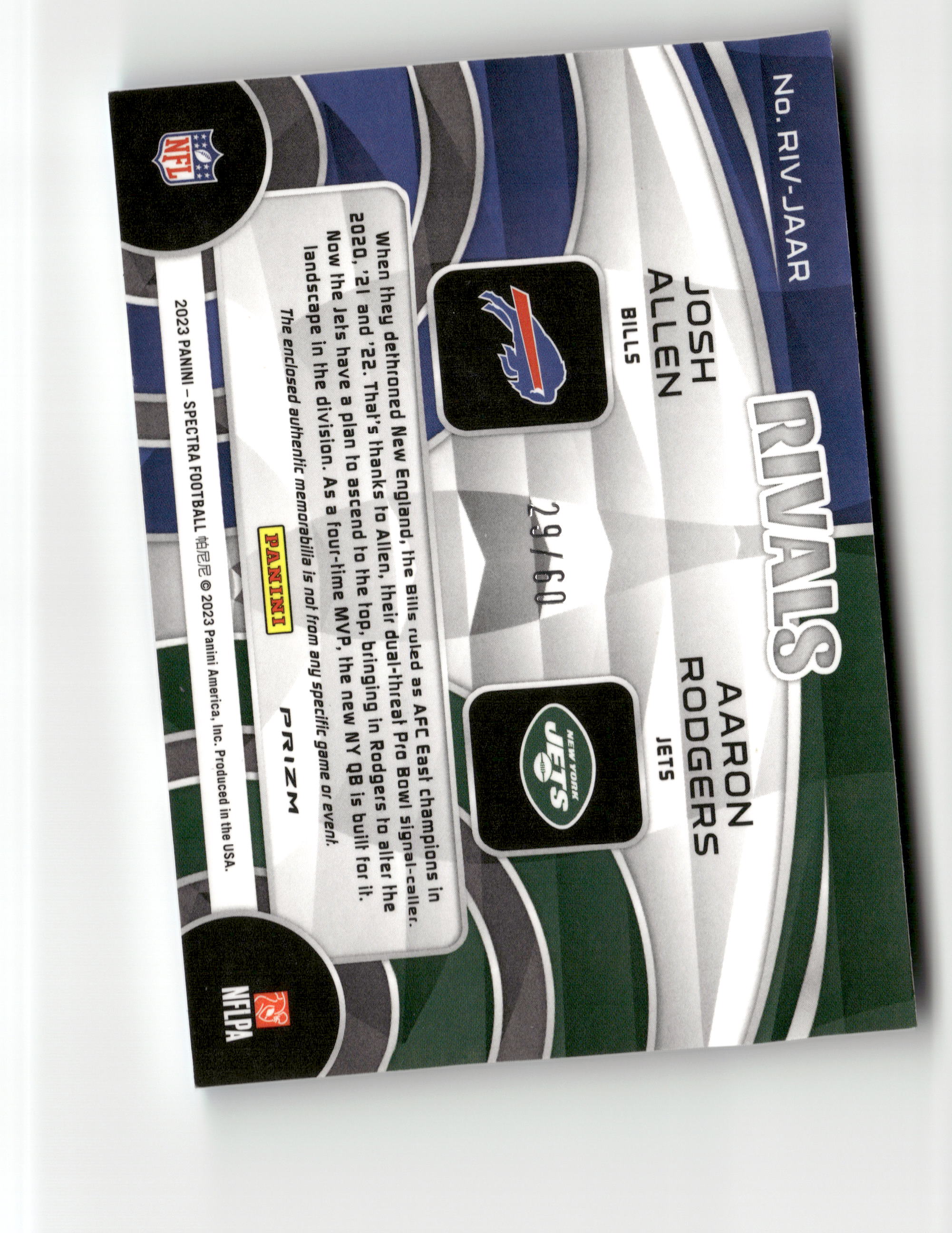 2023 Panini Spectra #RIV-JAAR Josh Allen / Aaron Rodgers Rivals Neon Blue #/60