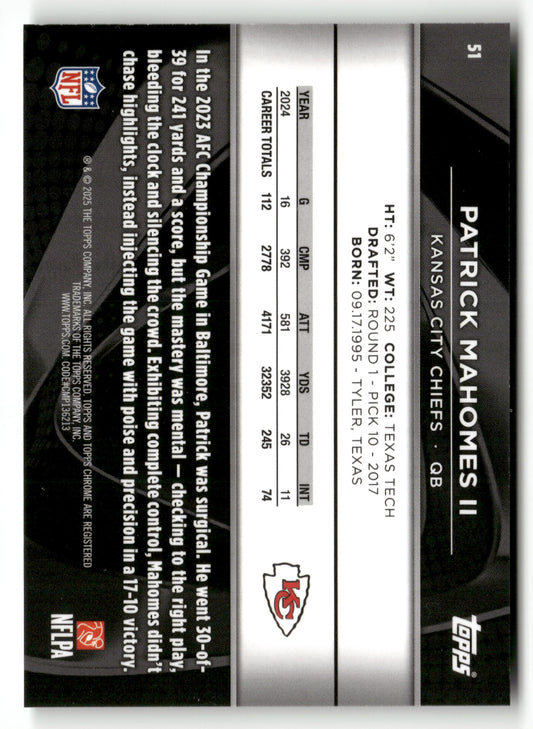 2025 Topps Chrome Black #51 Patrick Mahomes II Green Refractor #/99