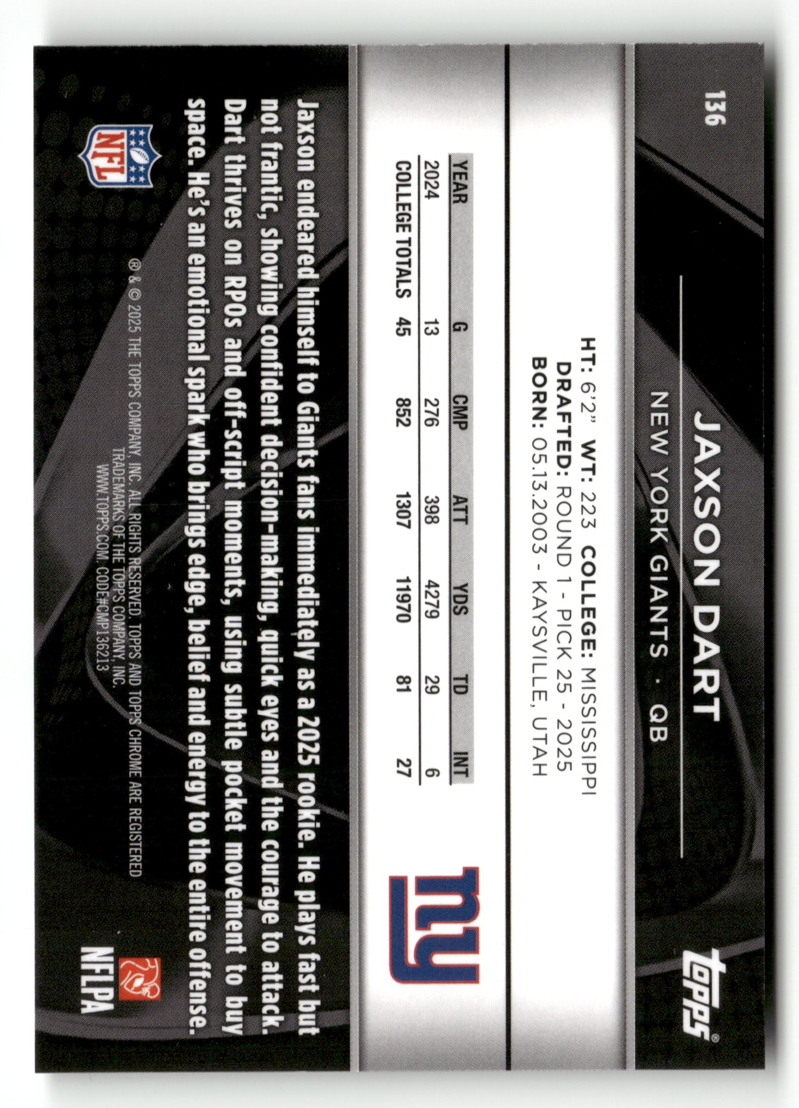 2025 Topps Chrome Black #136 Jaxson Dart Green Refractor #/99