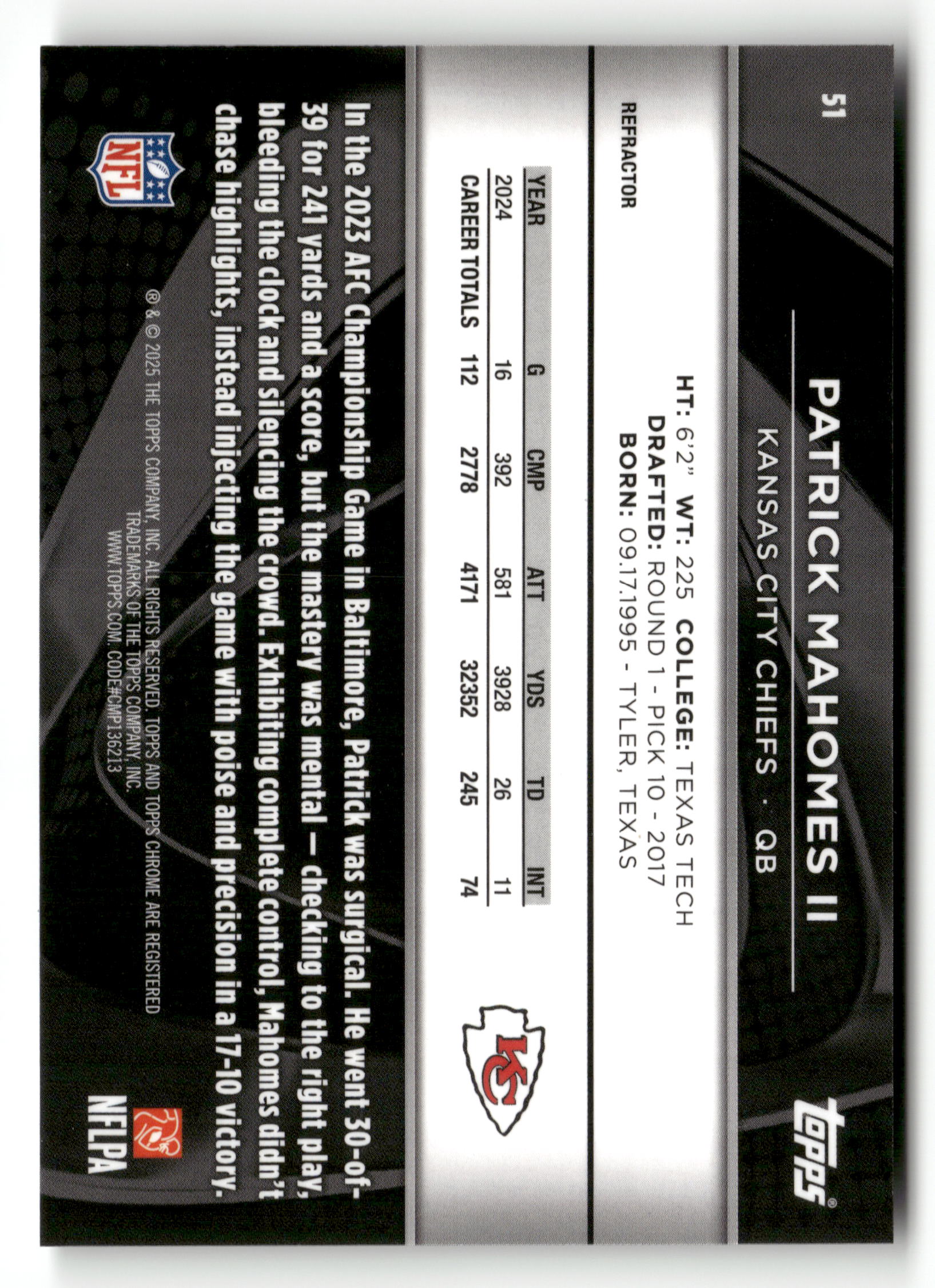 2025 Topps Chrome Black #51 Patrick Mahomes II Refractor /299