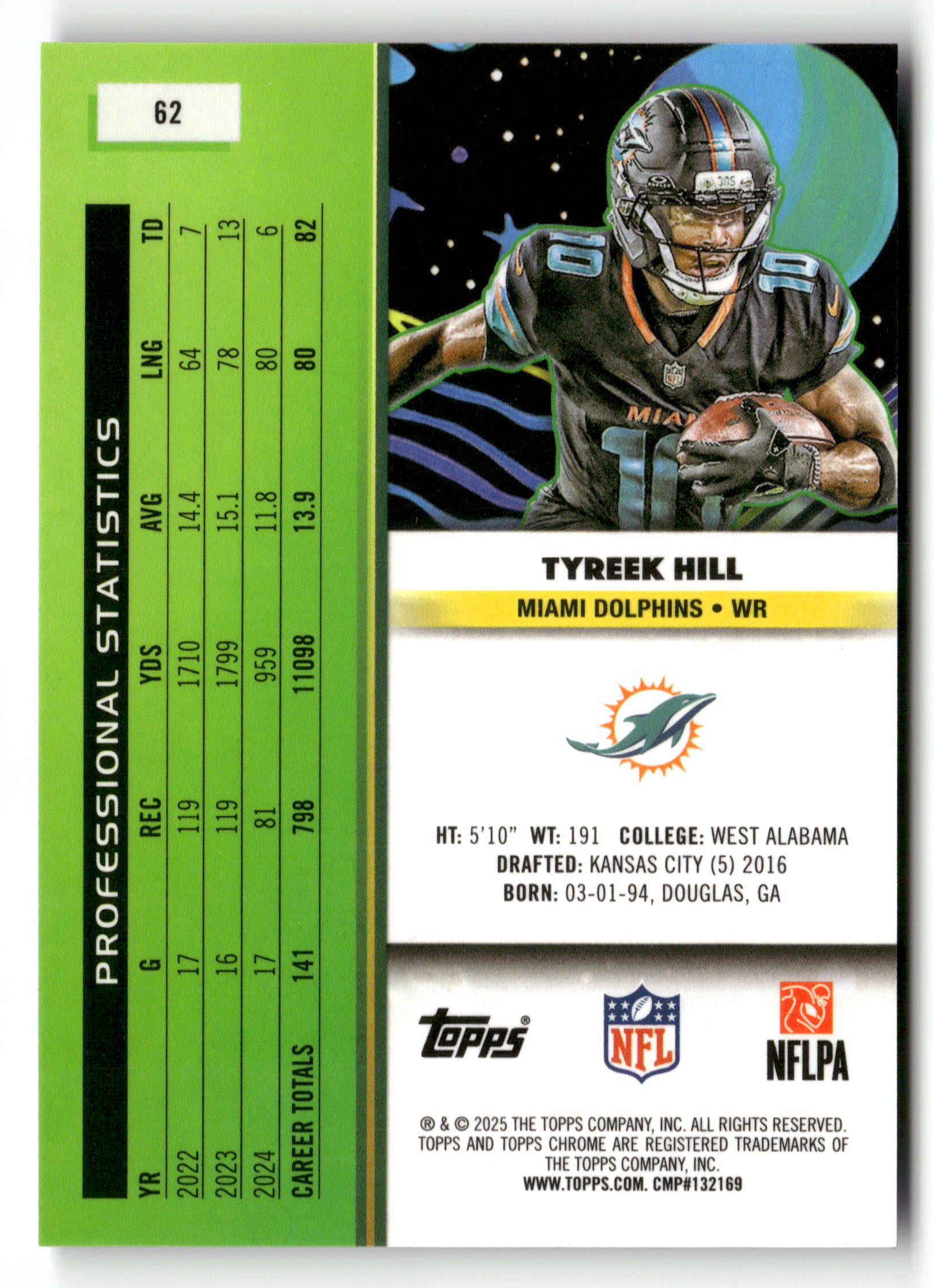2025 Topps Chrome Cosmic #62 Tyreek Hill Purple Nebula Refractor #/150