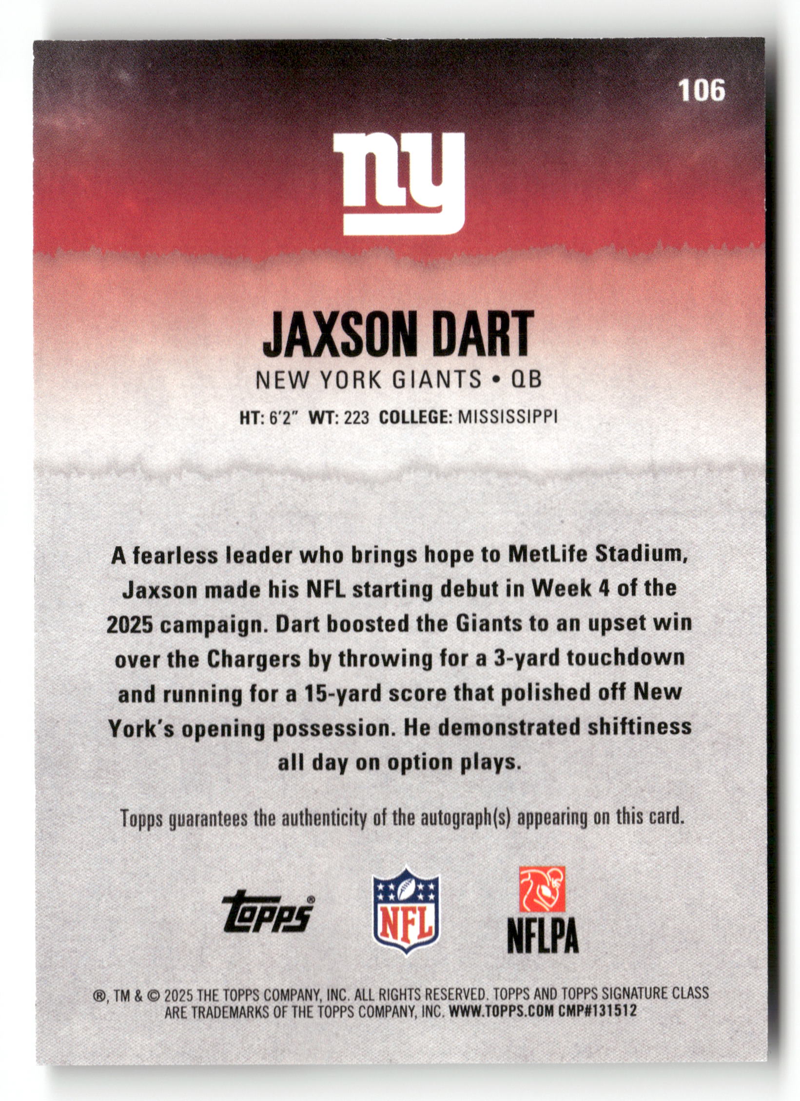 2025 Topps Signature Class #106 Jaxson Dart Autographs