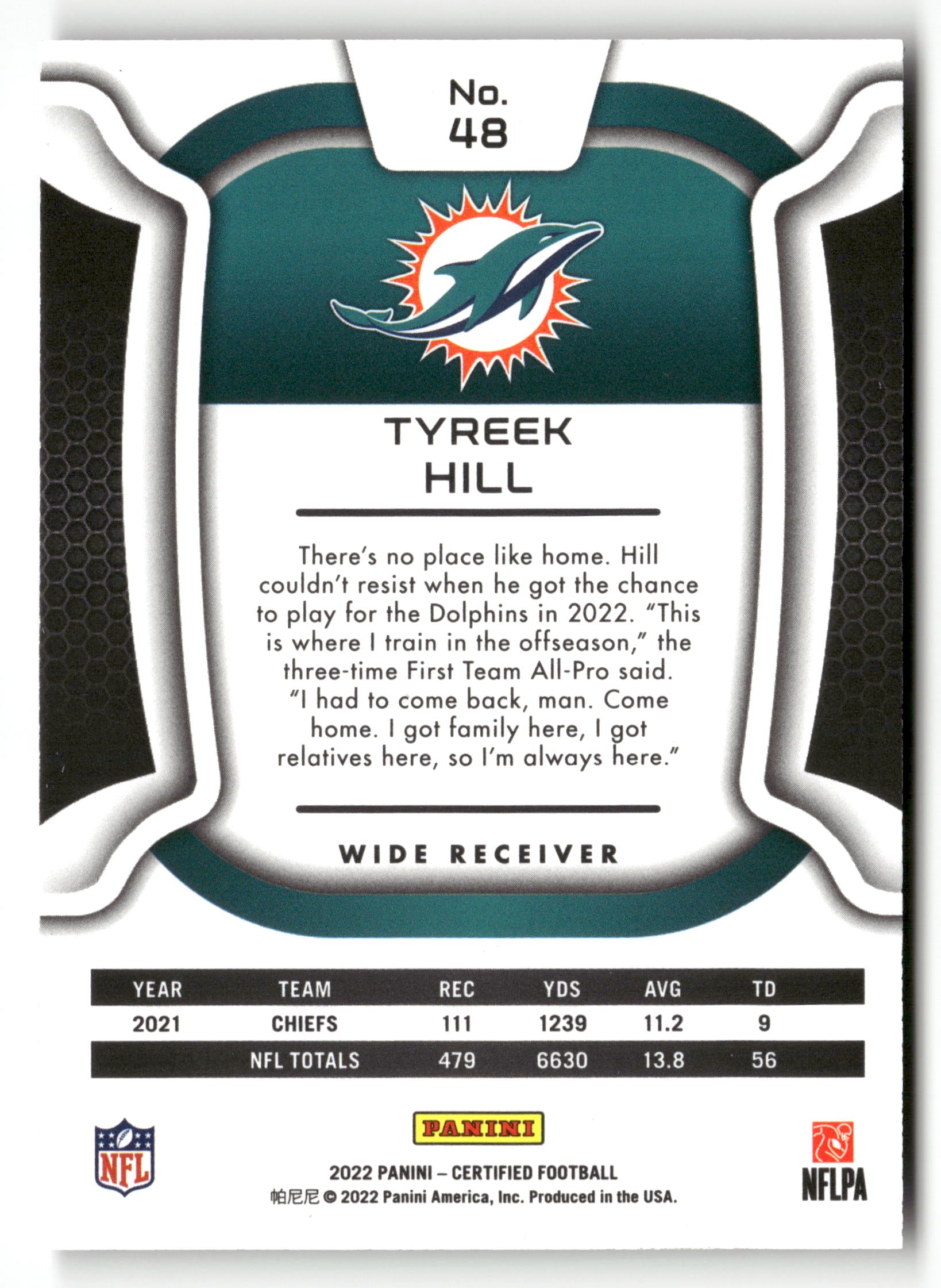 2022 Panini Certified #48 Tyreek Hill Mirror Purple #/10