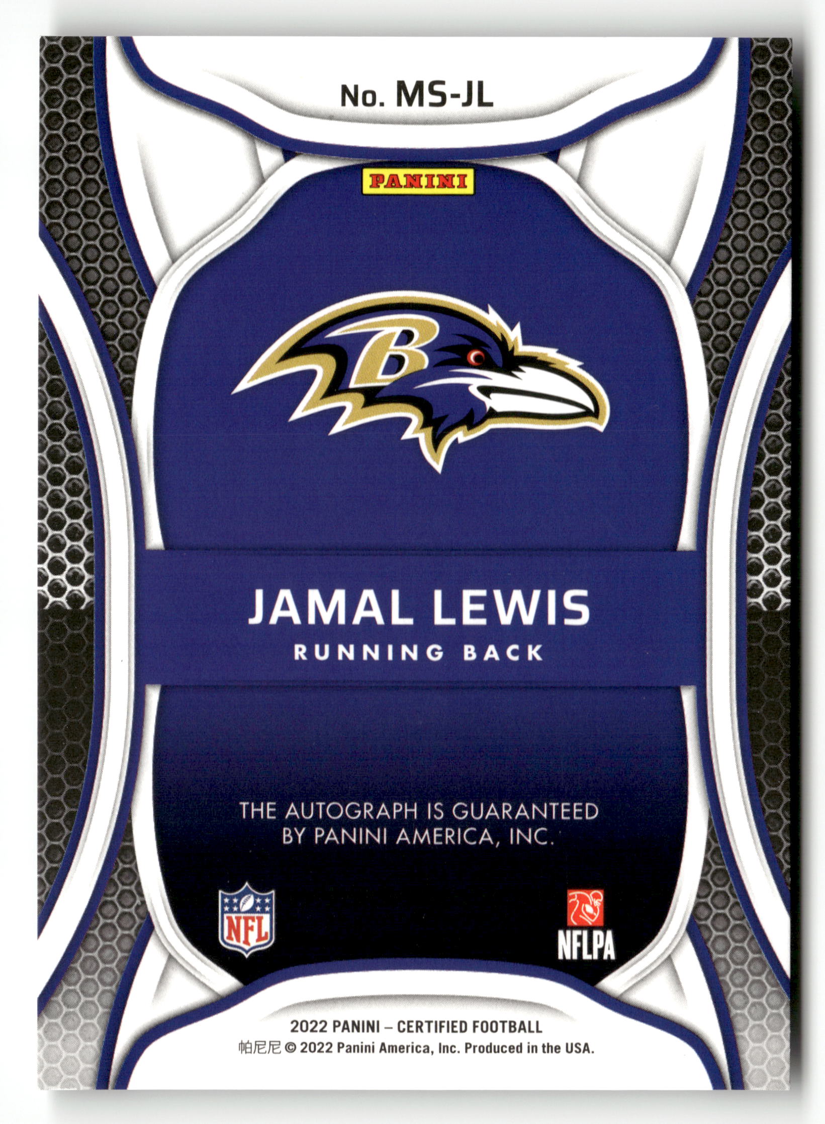 2022 Panini Certified #MS-JL Jamal Lewis Mirror Signatures Purple #/10