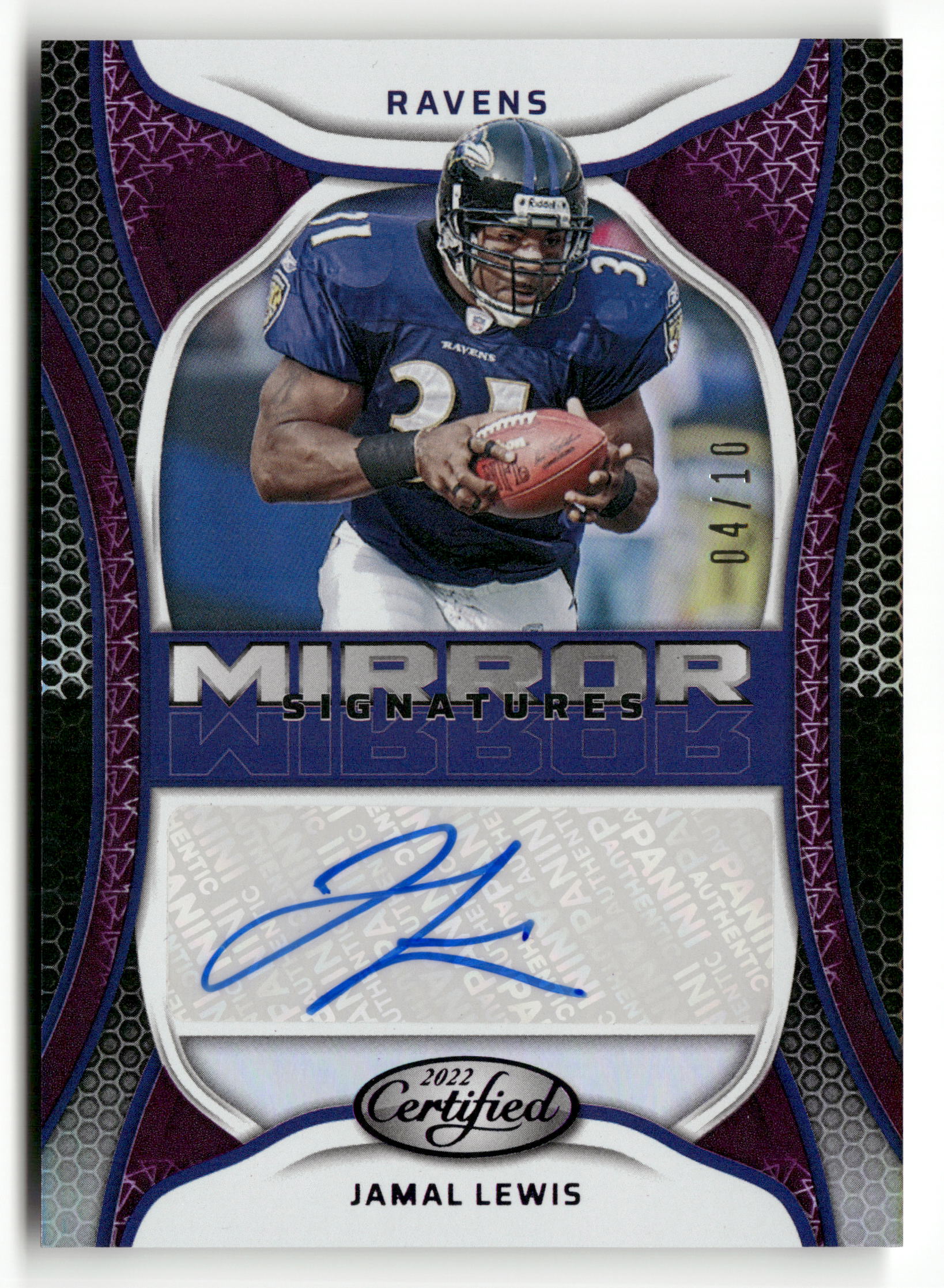 2022 Panini Certified #MS-JL Jamal Lewis Mirror Signatures Purple #/10