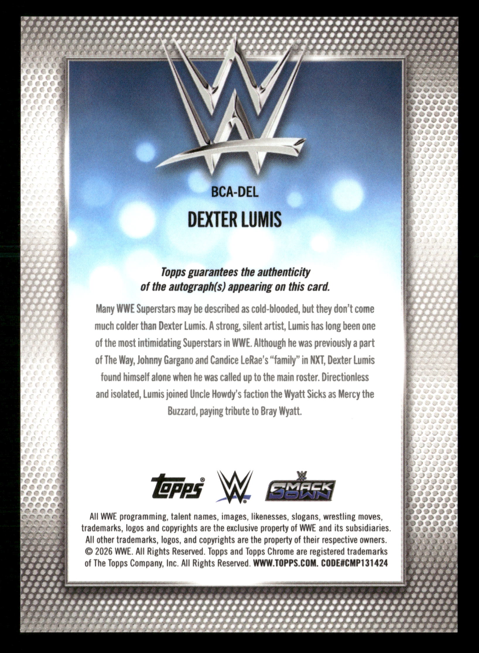 2026 Topps Chrome WWE #BCA-DEL Dexter Lumis Base Gold Geometric Auto #/50