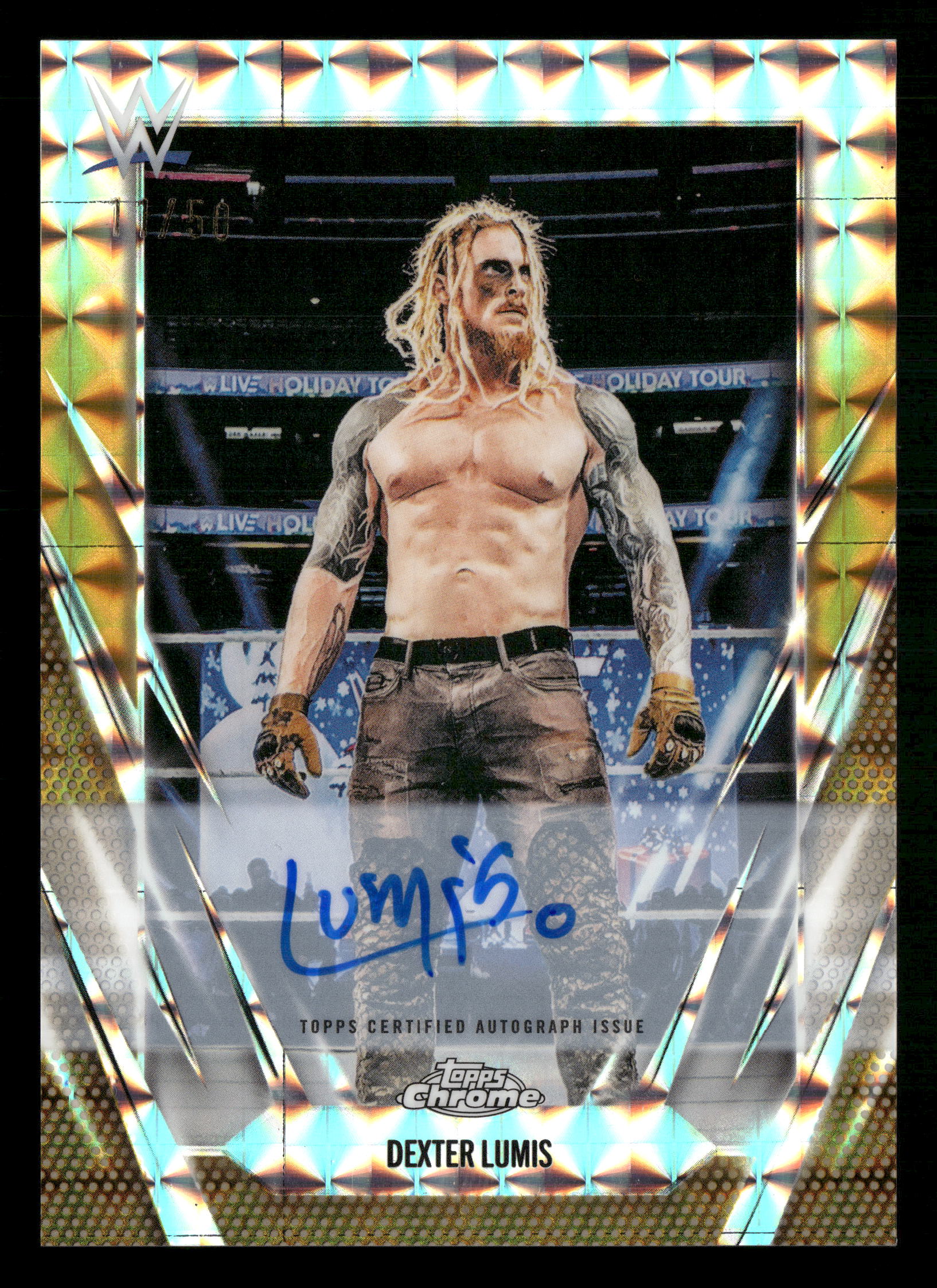 2026 Topps Chrome WWE #BCA-DEL Dexter Lumis Base Gold Geometric Auto #/50