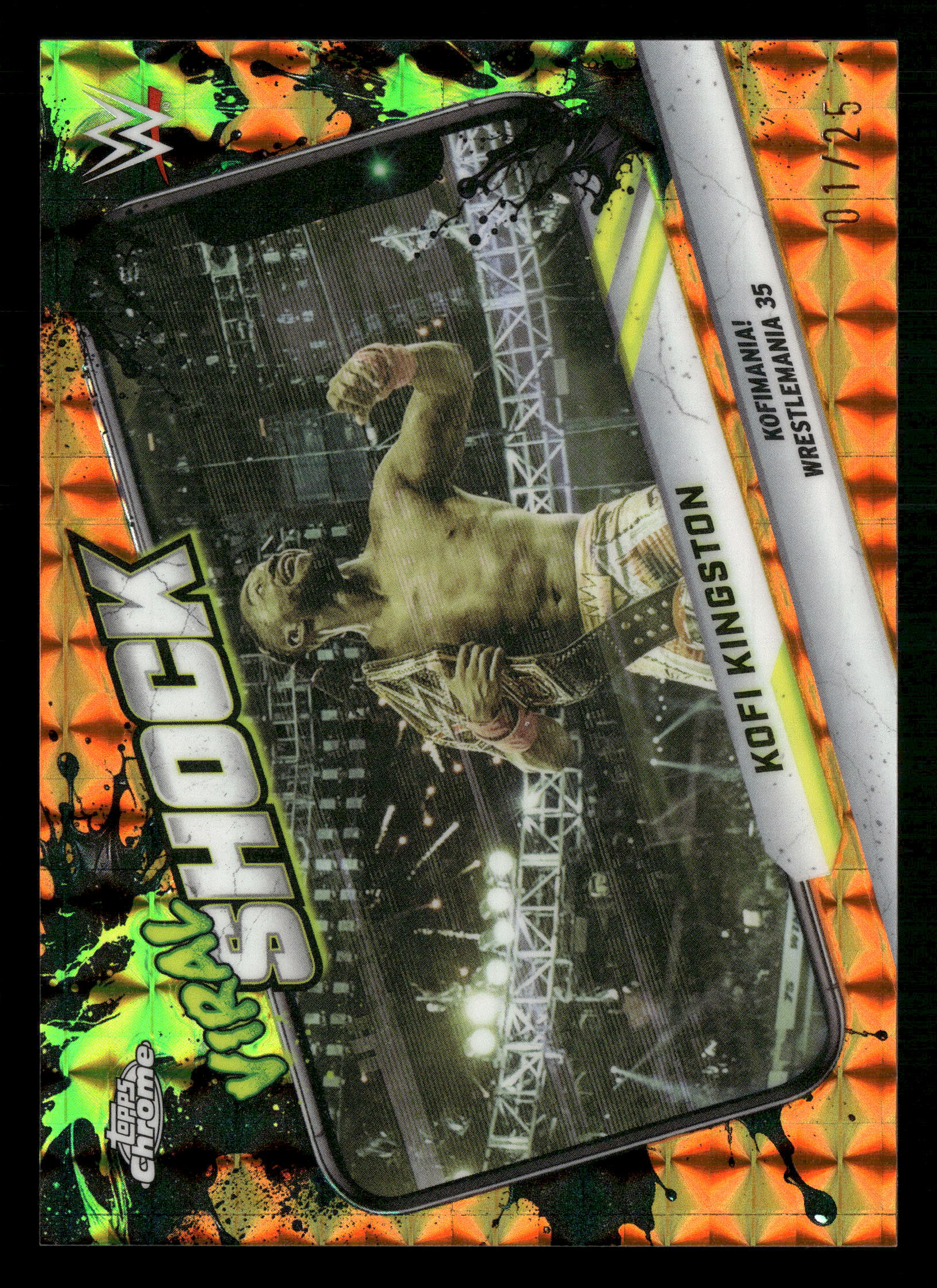 2026 Topps Chrome WWE #VIR-12 Kofi Kingston Viral Shock Orange Geometric #/25