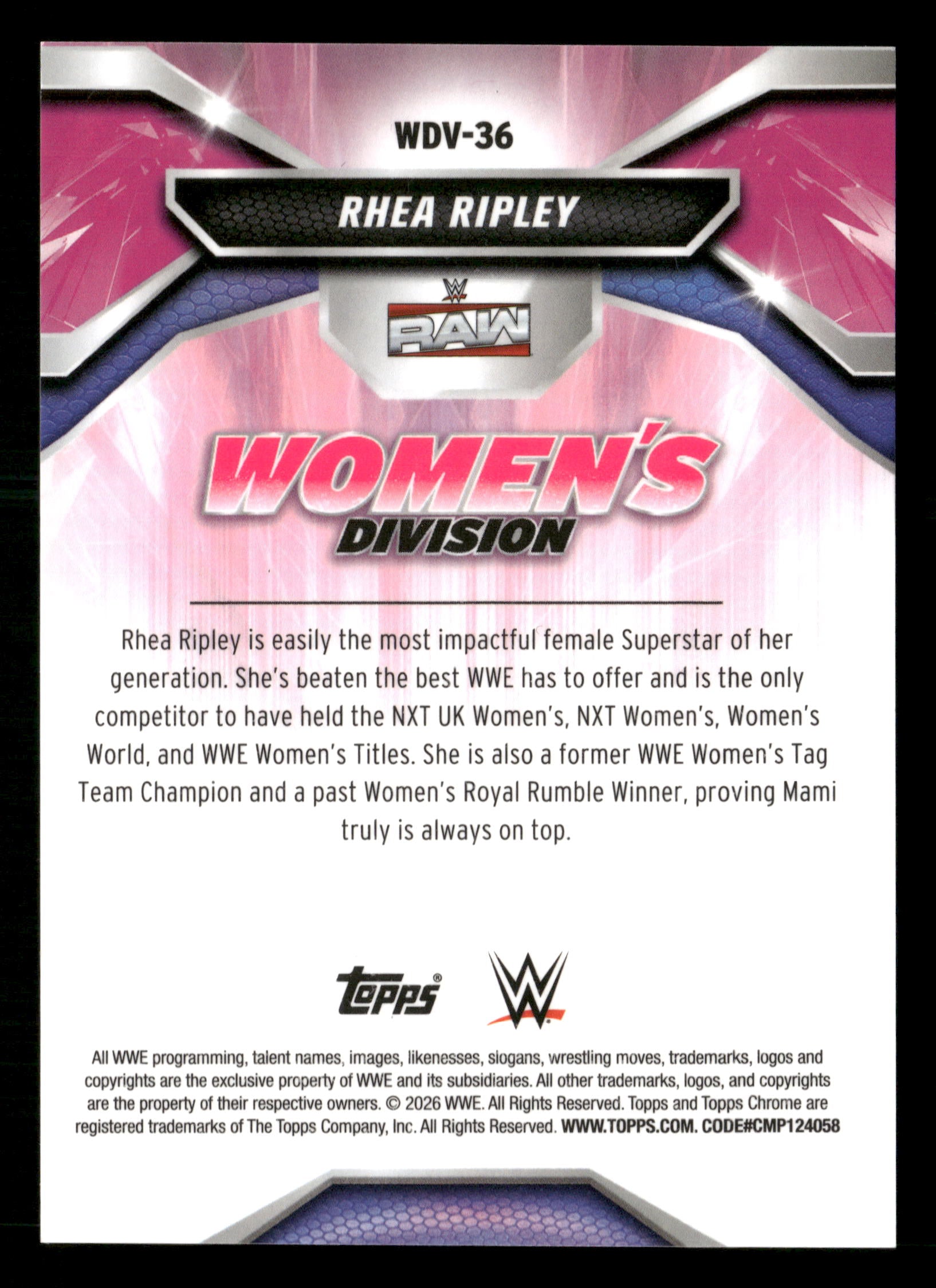 2026 Topps Chrome WWE #WDV-36 Rhea Ripley Women's Division Gold Geometric #/50