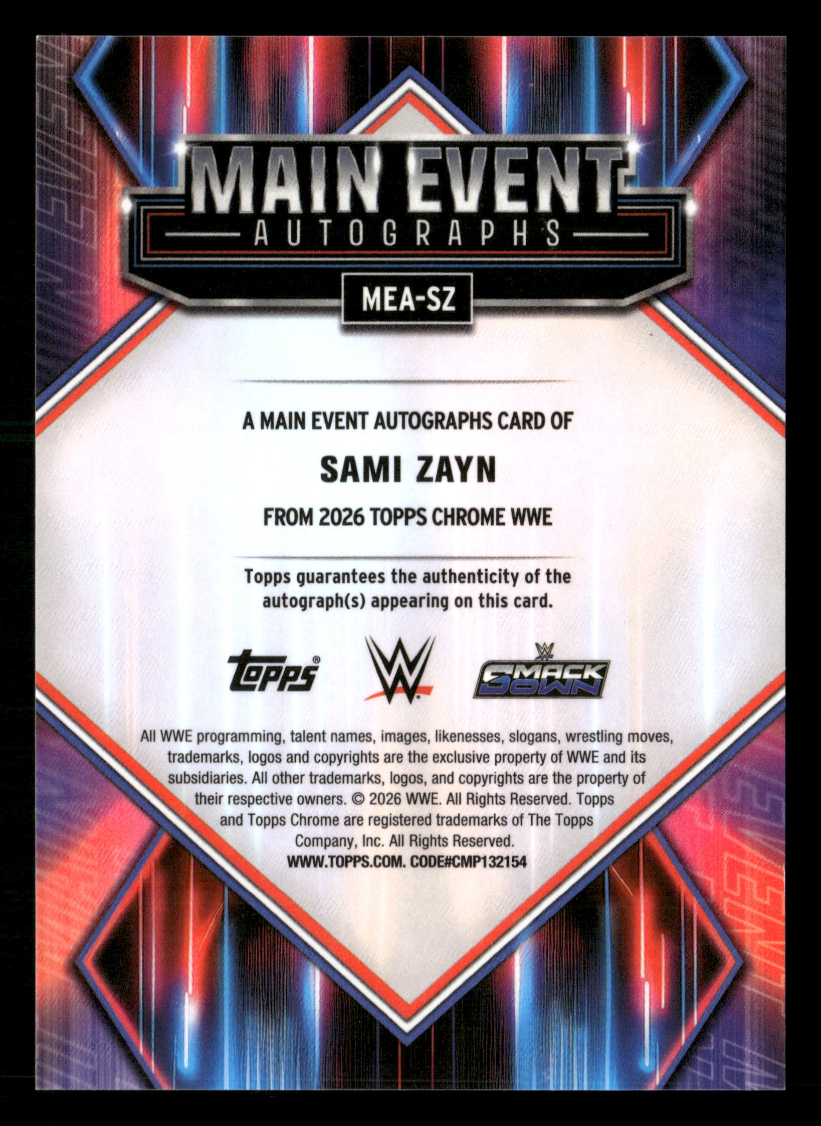 2026 Topps Chrome WWE #MEA-SZ Sami Zayn Main Event Auto Purple Geometric #/10