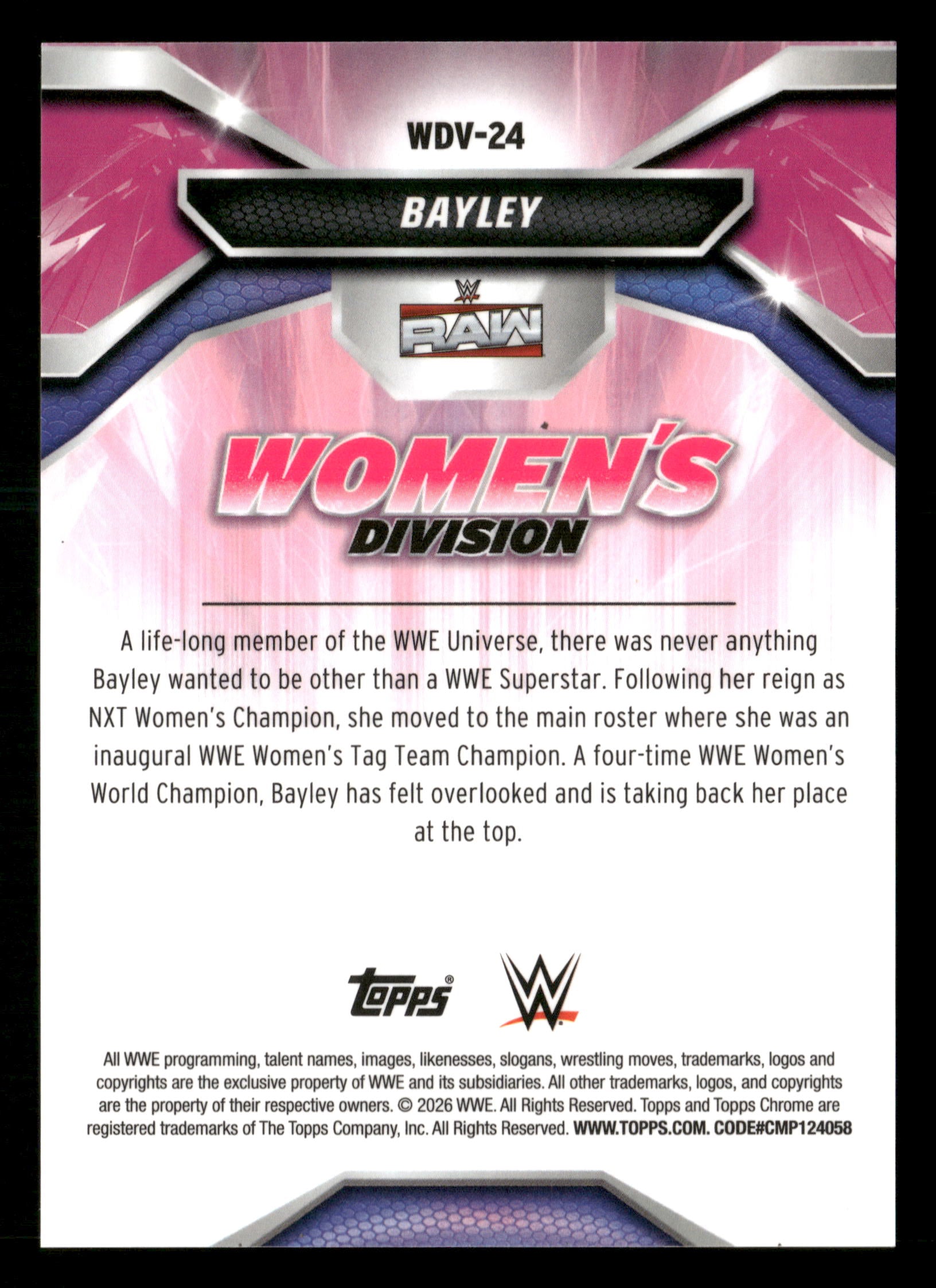 2026 Topps Chrome WWE #WDV-24 Bayley Women's Division Purple Geometric #/10