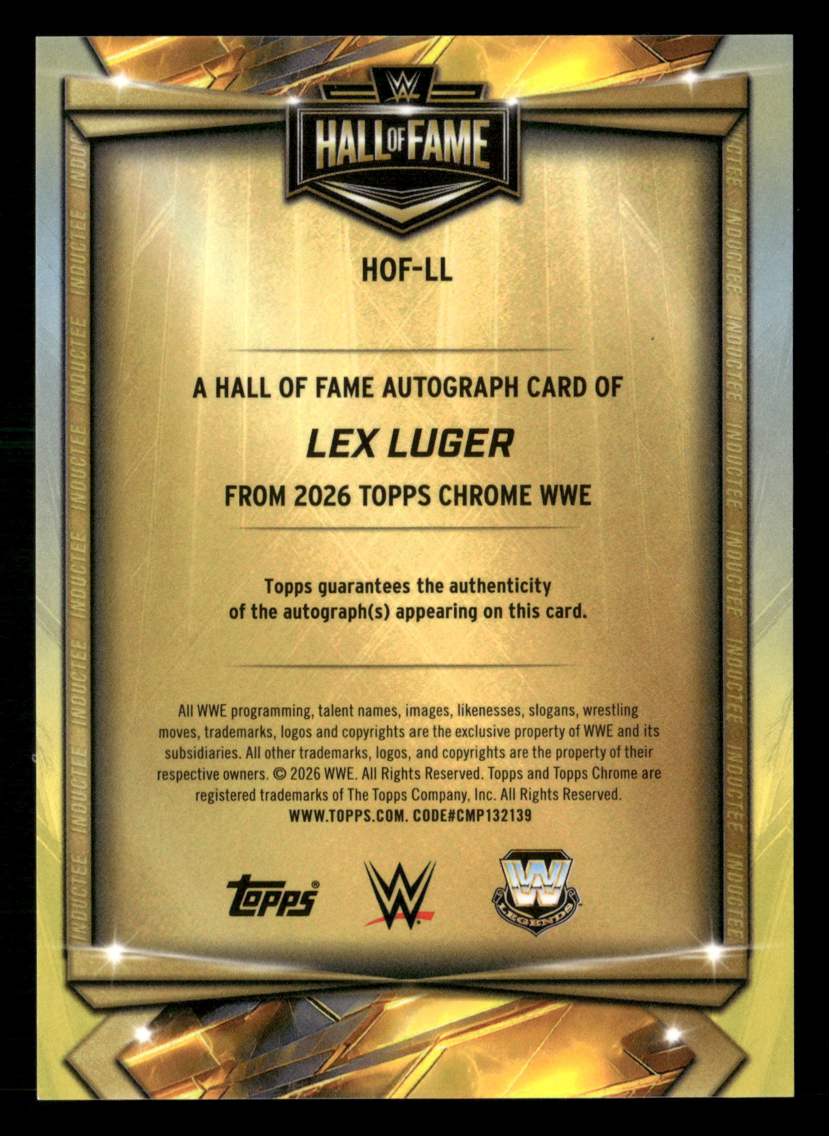 2026 Topps Chrome WWE #HOF-LL Lex Luger Hall of Fame Auto Gold #/50